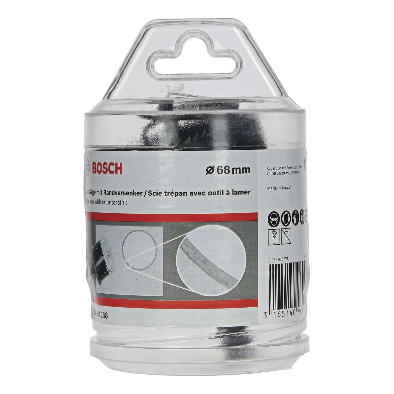 Bosch Lochsäge mit Randversenker, 68 mm, in transparenter Verpackung.