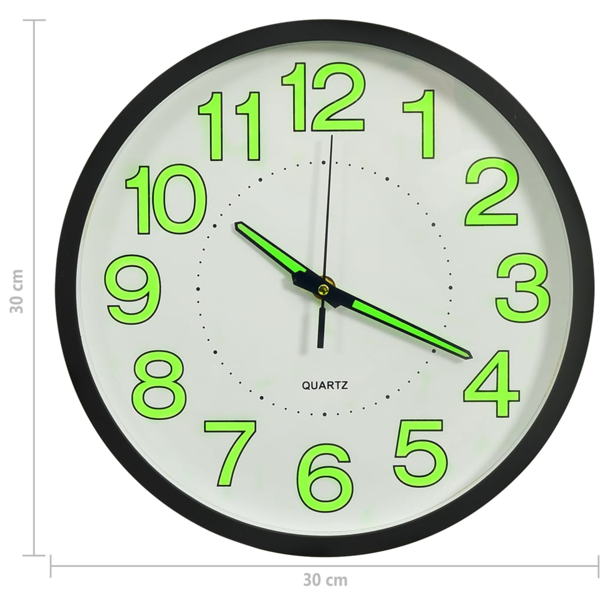 Eine runde Wanduhr mit schwarzem Rahmen und leuchtgrünen Ziffern.