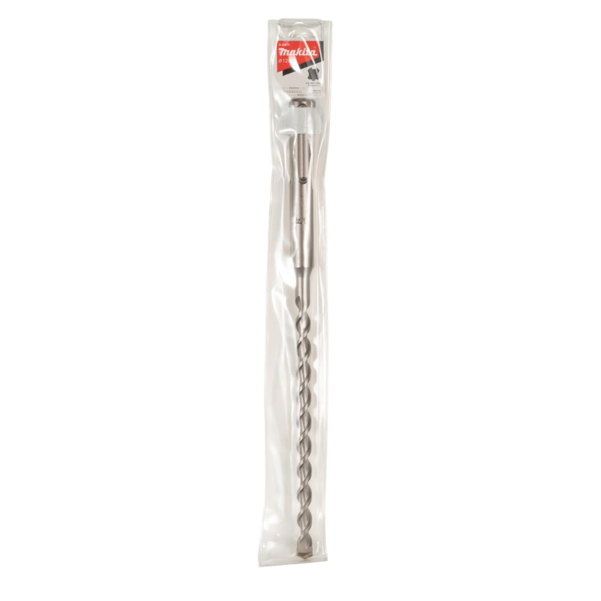 Makita Bohrer mit SDS-Plus-Schaft, verpackt in Plastik. Die Bohrerlänge ist über 30 cm.