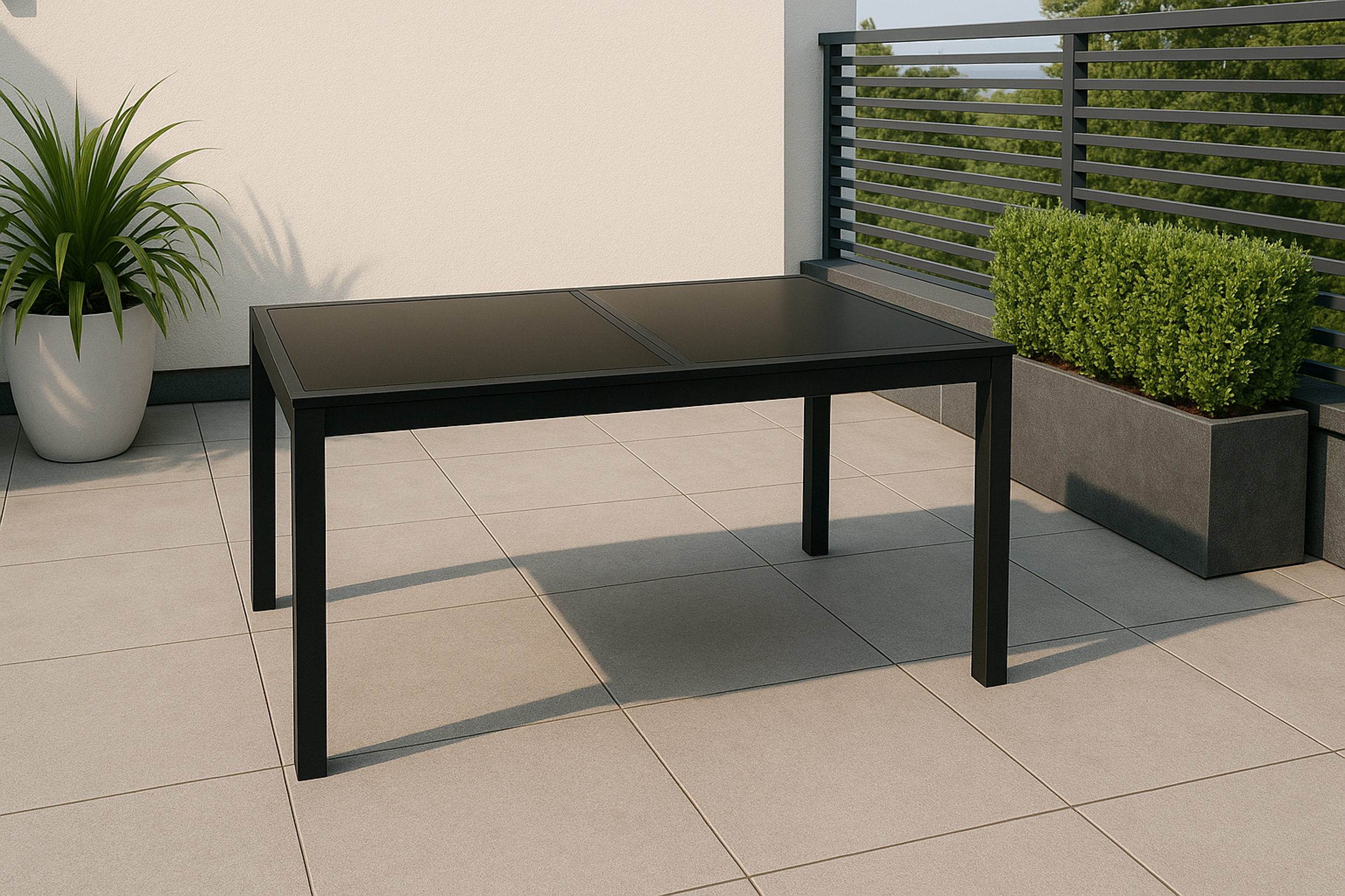 Ein schwarzer Tisch steht auf einer gefliesten Terrasse mit Pflanzen.