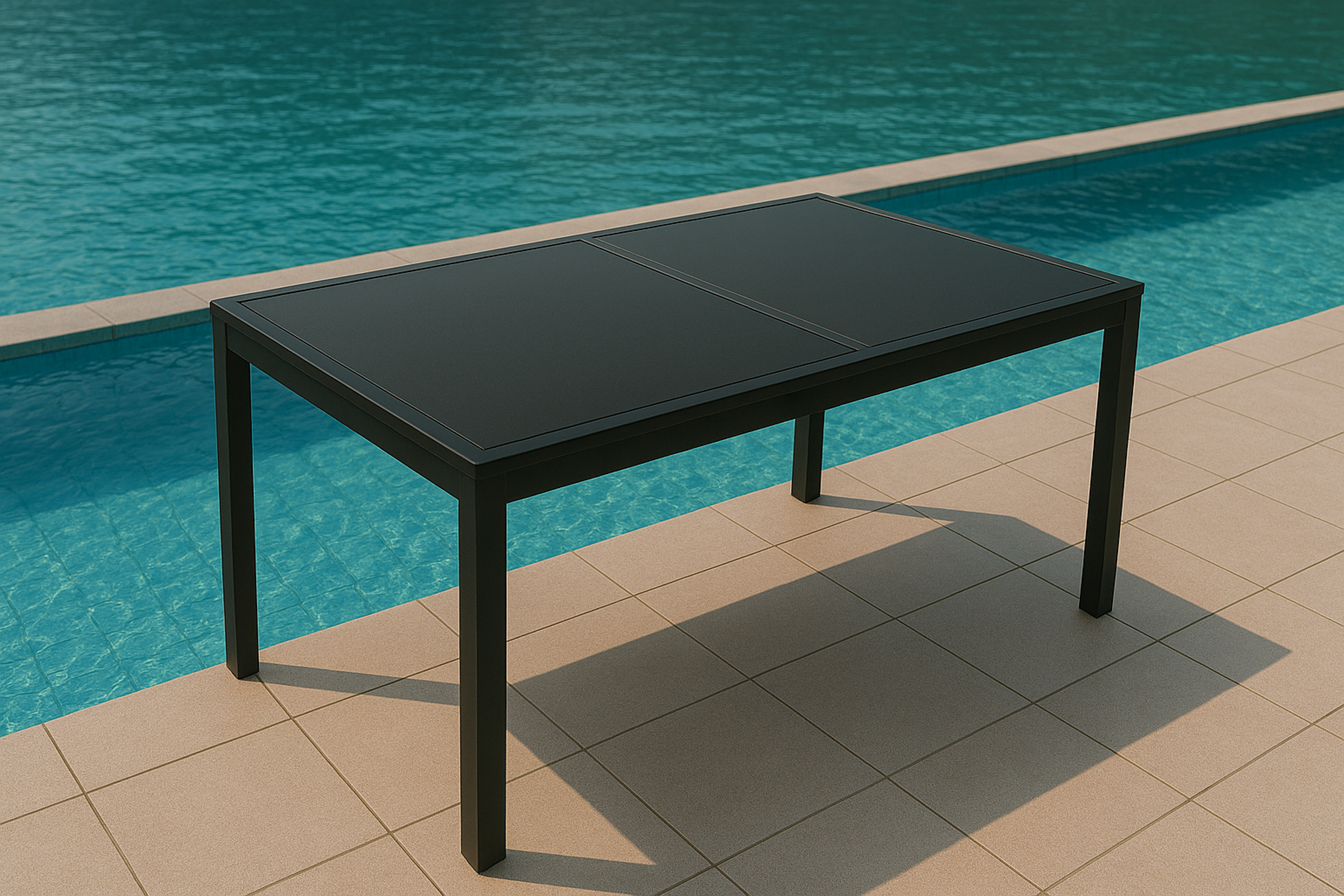 Ein schwarzer rechteckiger Tisch steht auf einer gefliesten Terrasse neben einem blauen Pool.