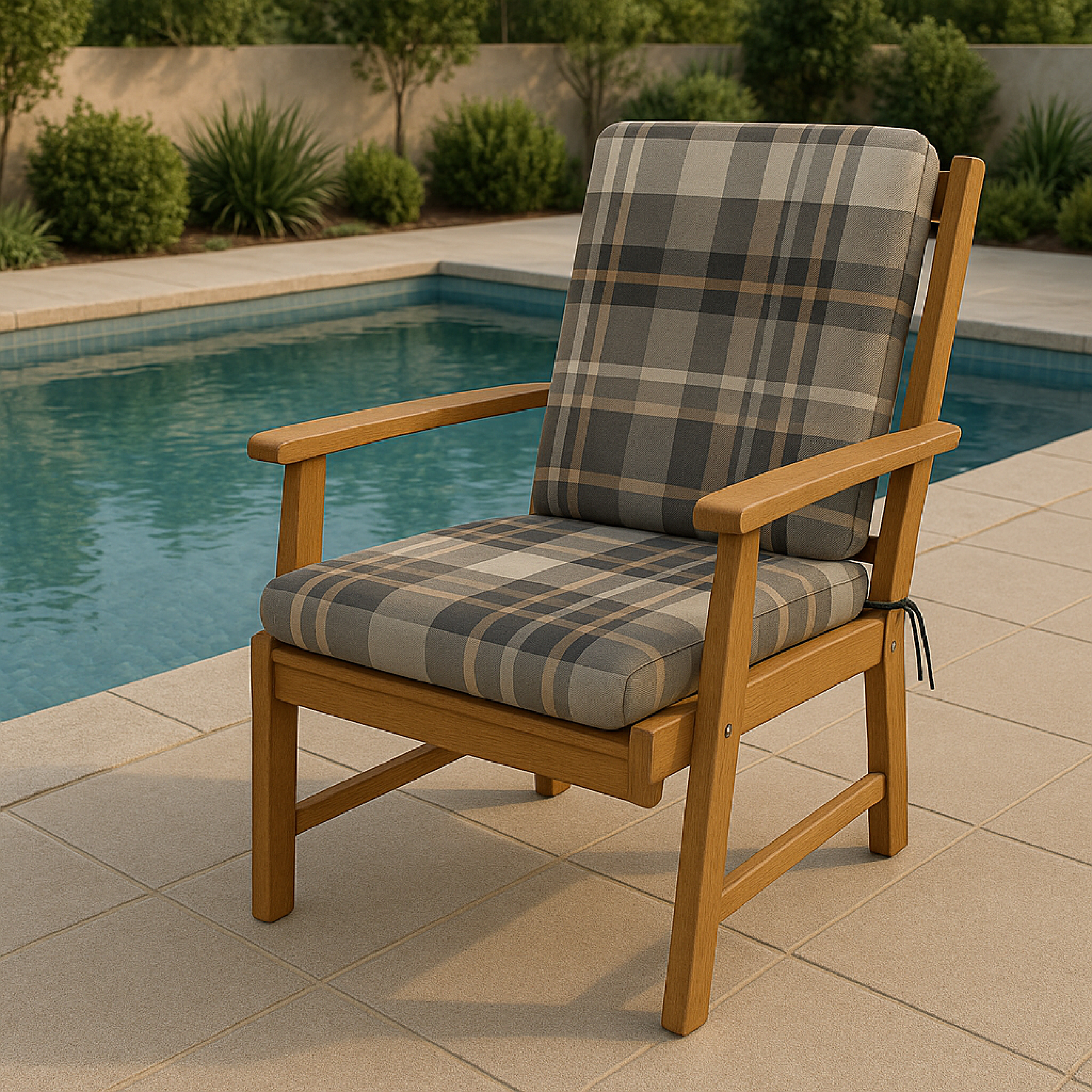 Ein Holzstuhl mit karierter Polsterung am Pool auf einer gefliesten Terrasse.