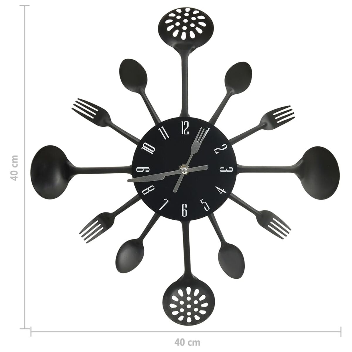 Eine schwarze Wanduhr in Form von Küchenutensilien mit 40cm Durchmesser.
