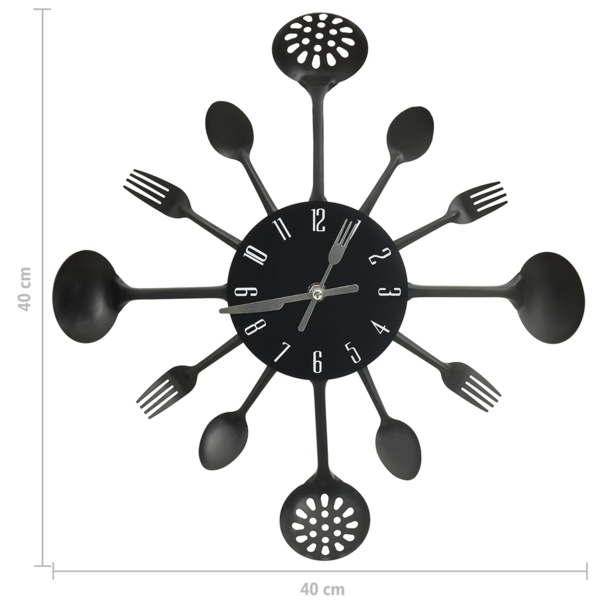 Eine schwarze Wanduhr in Form von Küchenutensilien, misst 40 cm.