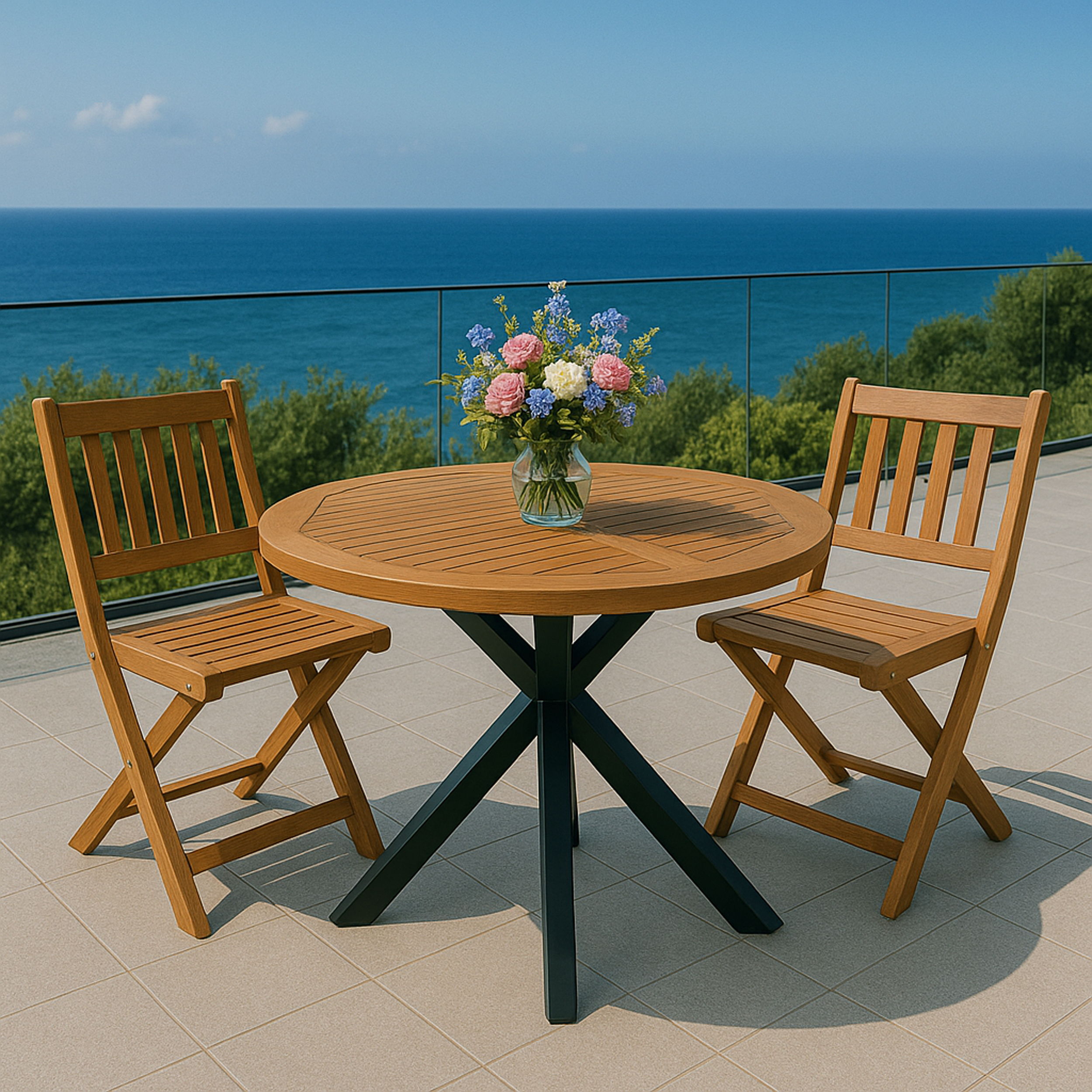 Holztisch und Stühle mit Blumenstrauß auf einer Terrasse mit Meerblick.