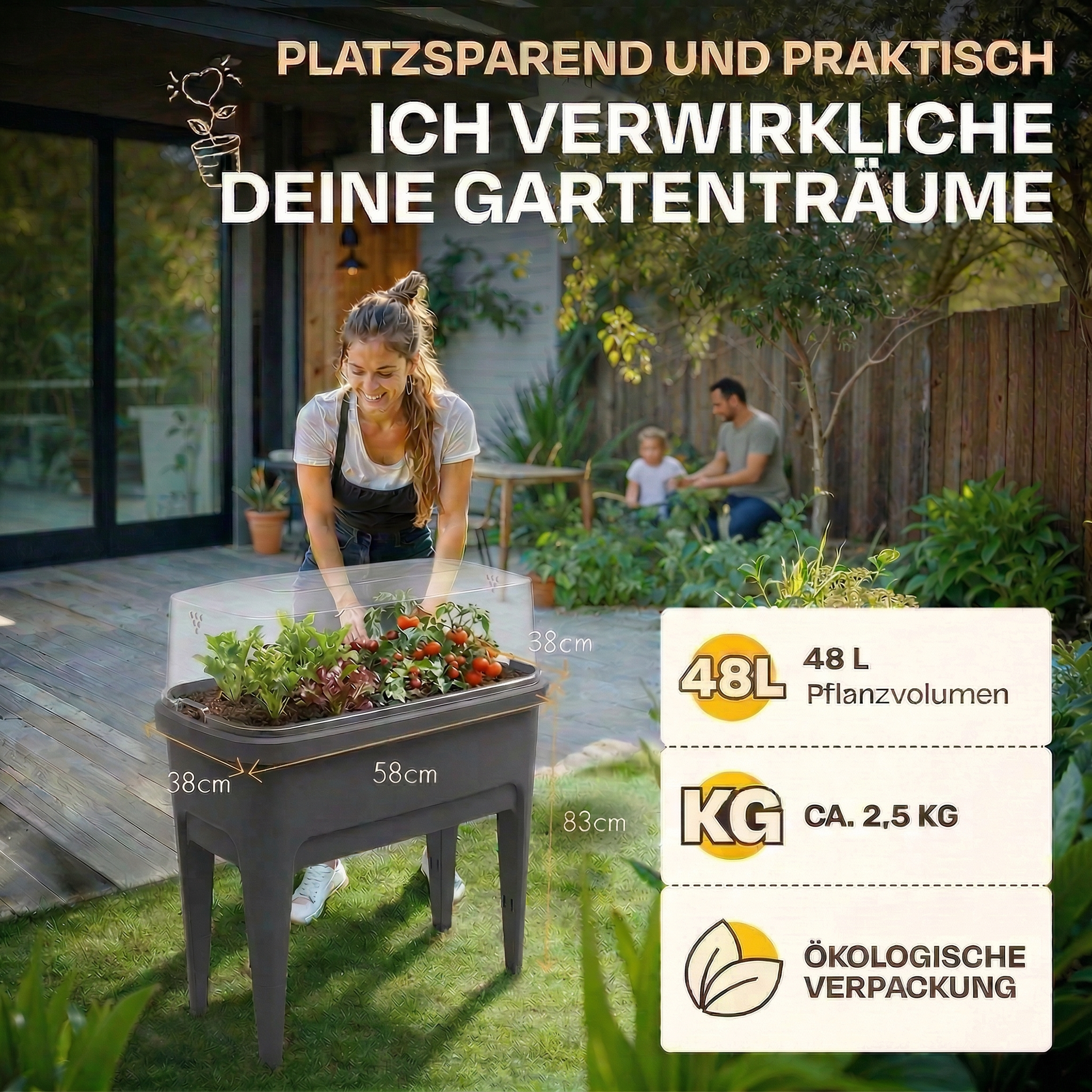 Frau kümmert sich um Hochbeet mit Pflanzen. Maße und Volumen angegeben.