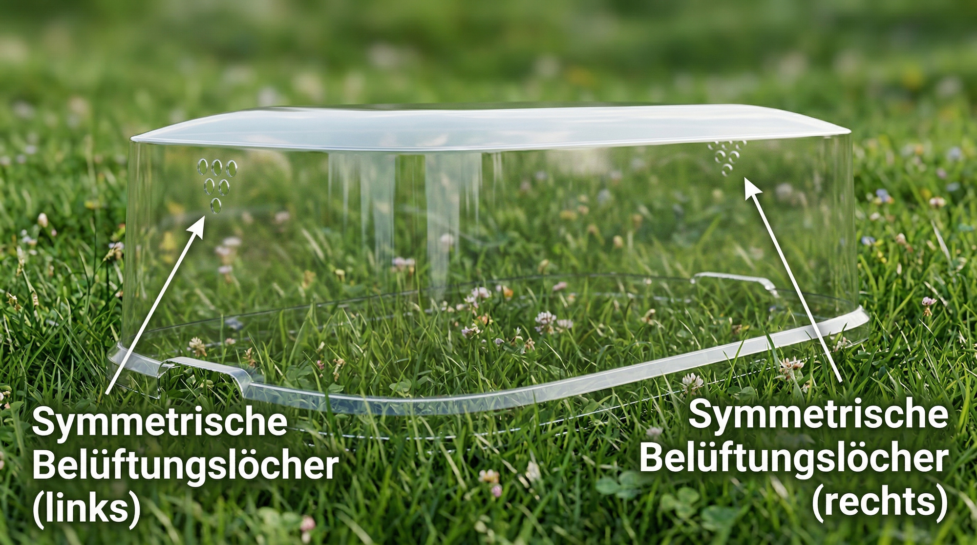 Transparenter Schutzdeckel mit symmetrischen Belüftungslöchern auf Gras.