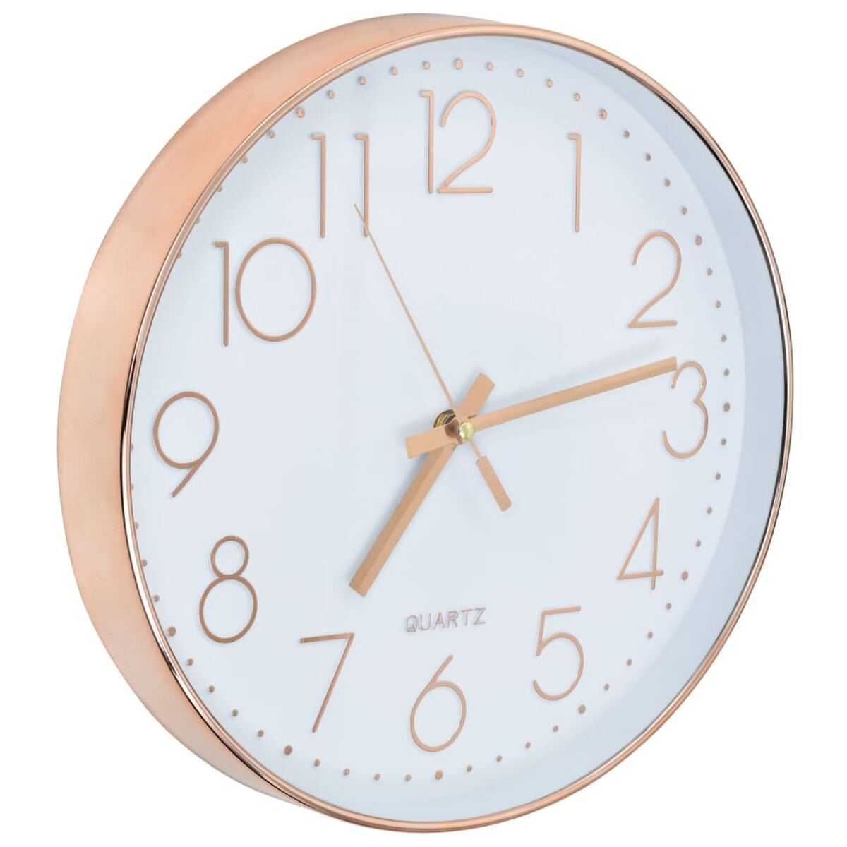Eine weiße Wanduhr mit roségoldenem Rahmen und Zifferblatt.