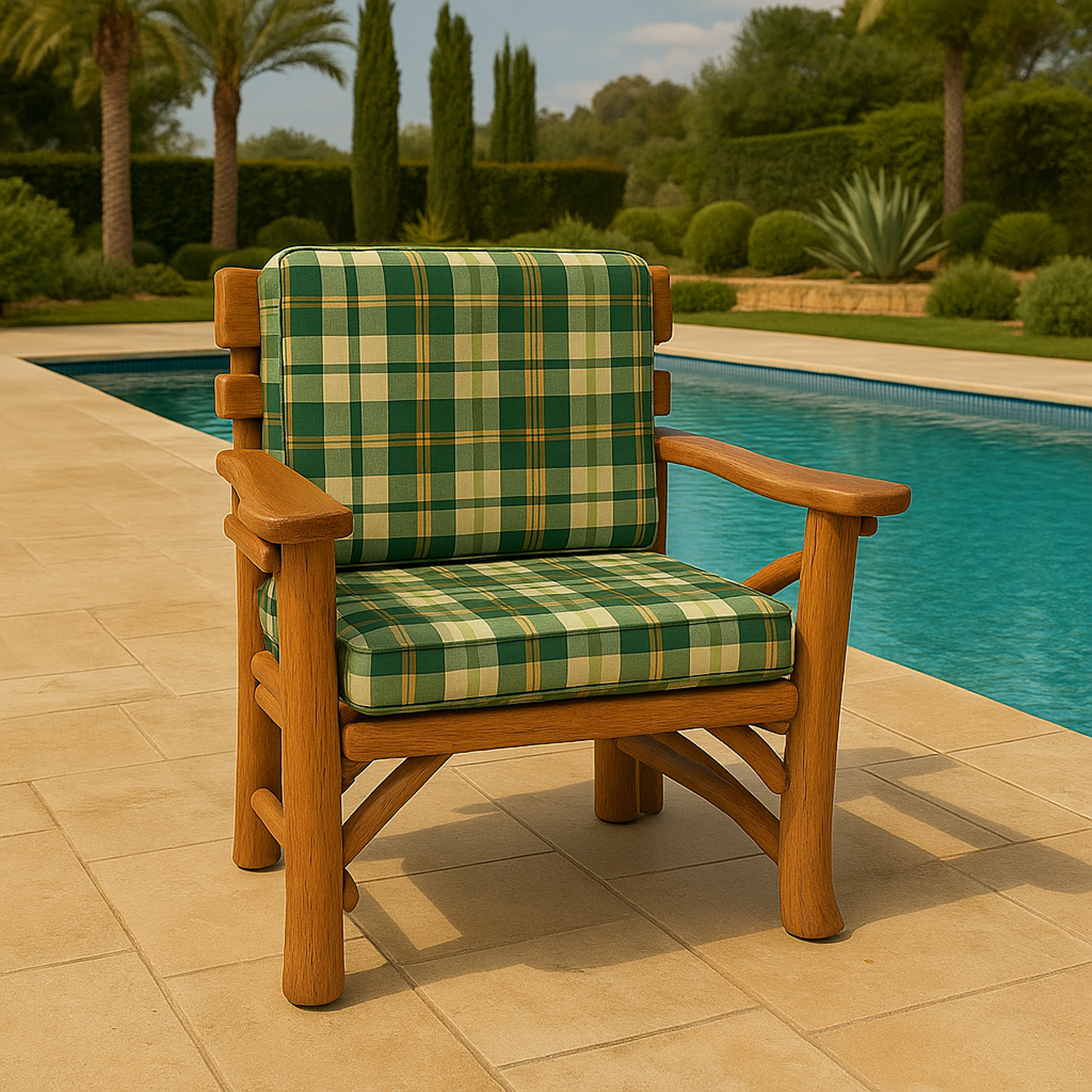 Ein hölzerner Stuhl mit grün karierten Polstern steht am Pool.