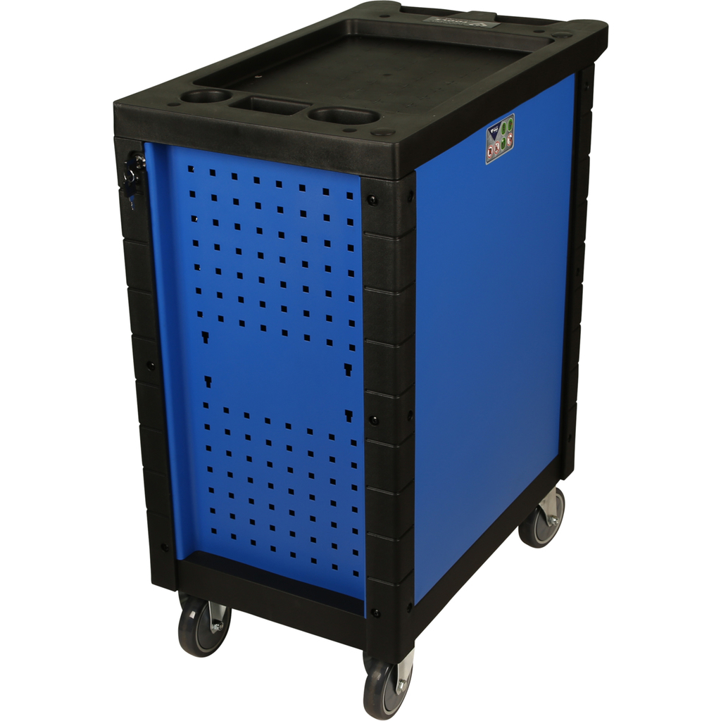 Ein blauer Werkzeugwagen mit schwarzem Rahmen und Rädern.