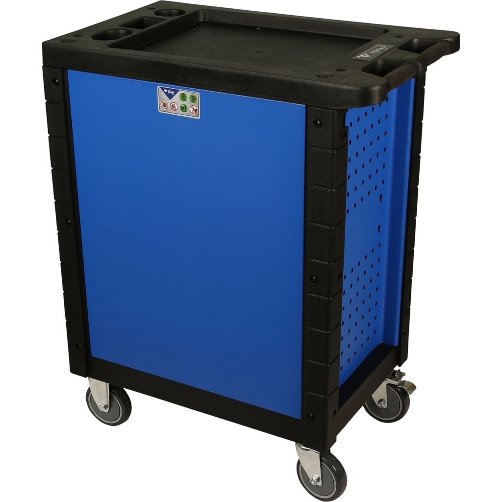 Ein blauer Werkzeugwagen mit schwarzem Rahmen und Rädern.