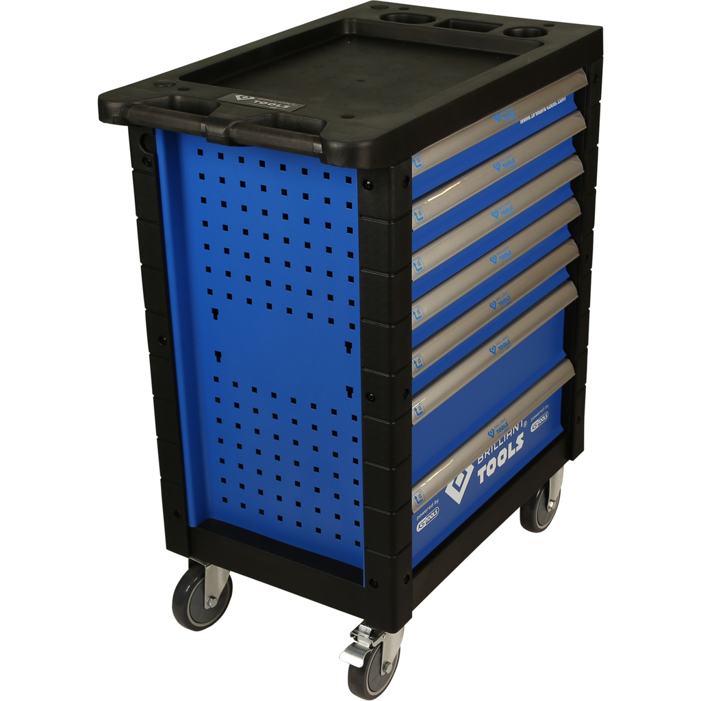 Ein blauer Werkzeugwagen mit Schubladen und Rollen.