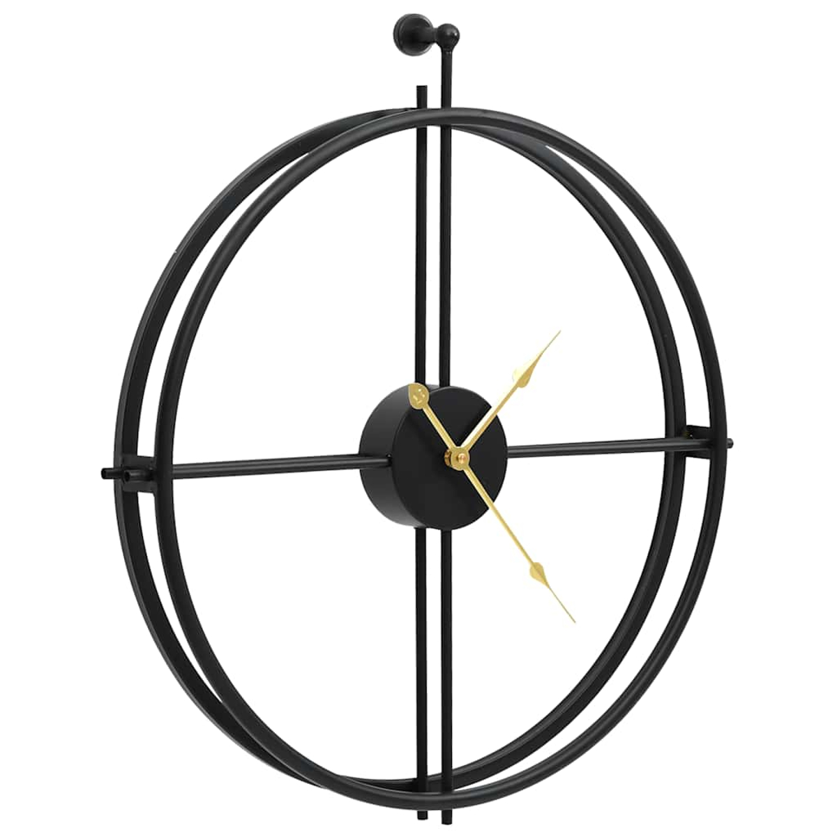 Eine schwarze Wanduhr aus Metall mit goldenen Zeigern und einem offenen Kreisrahmen.