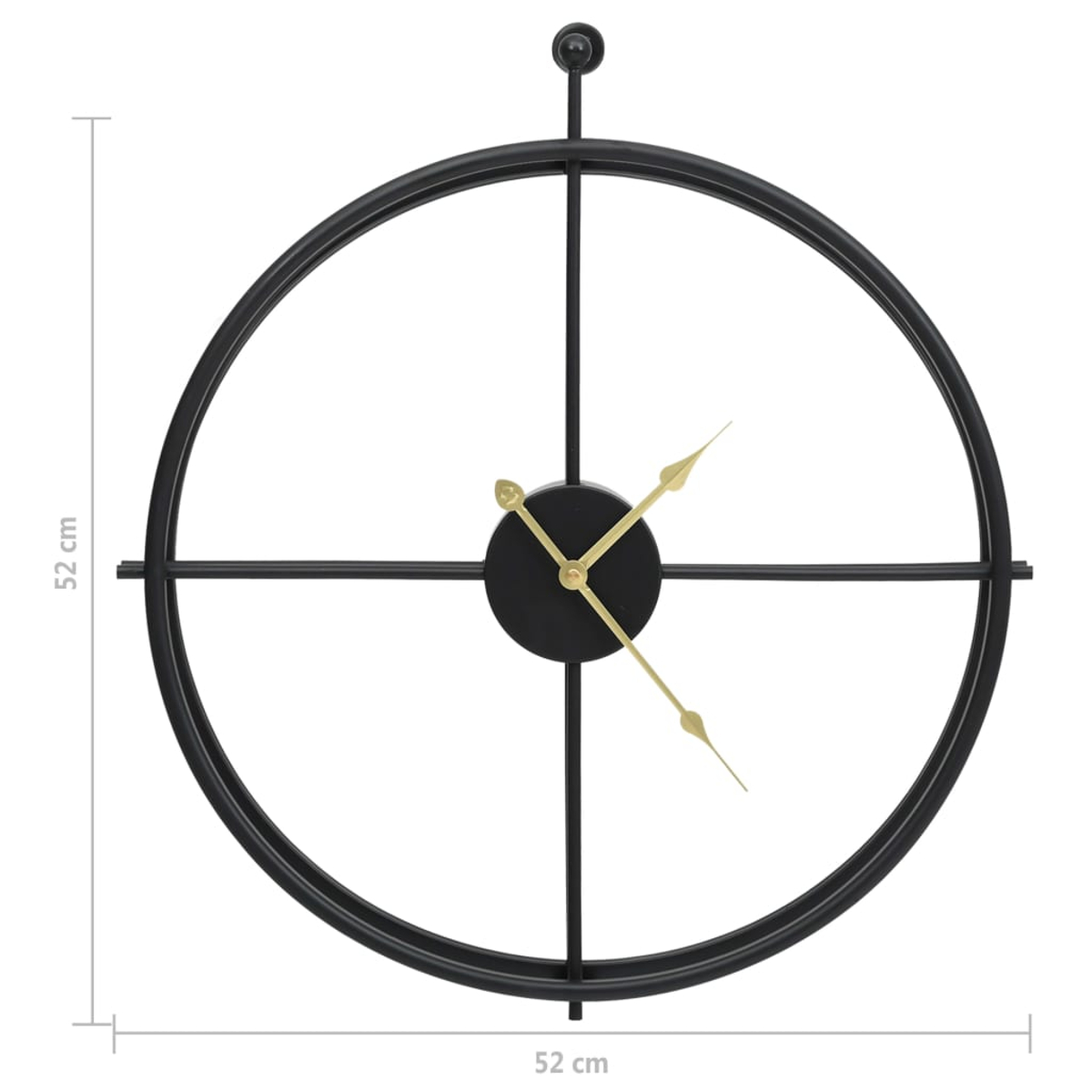 Eine schwarze Wanduhr mit goldenen Zeigern und einem Durchmesser von 52 cm.