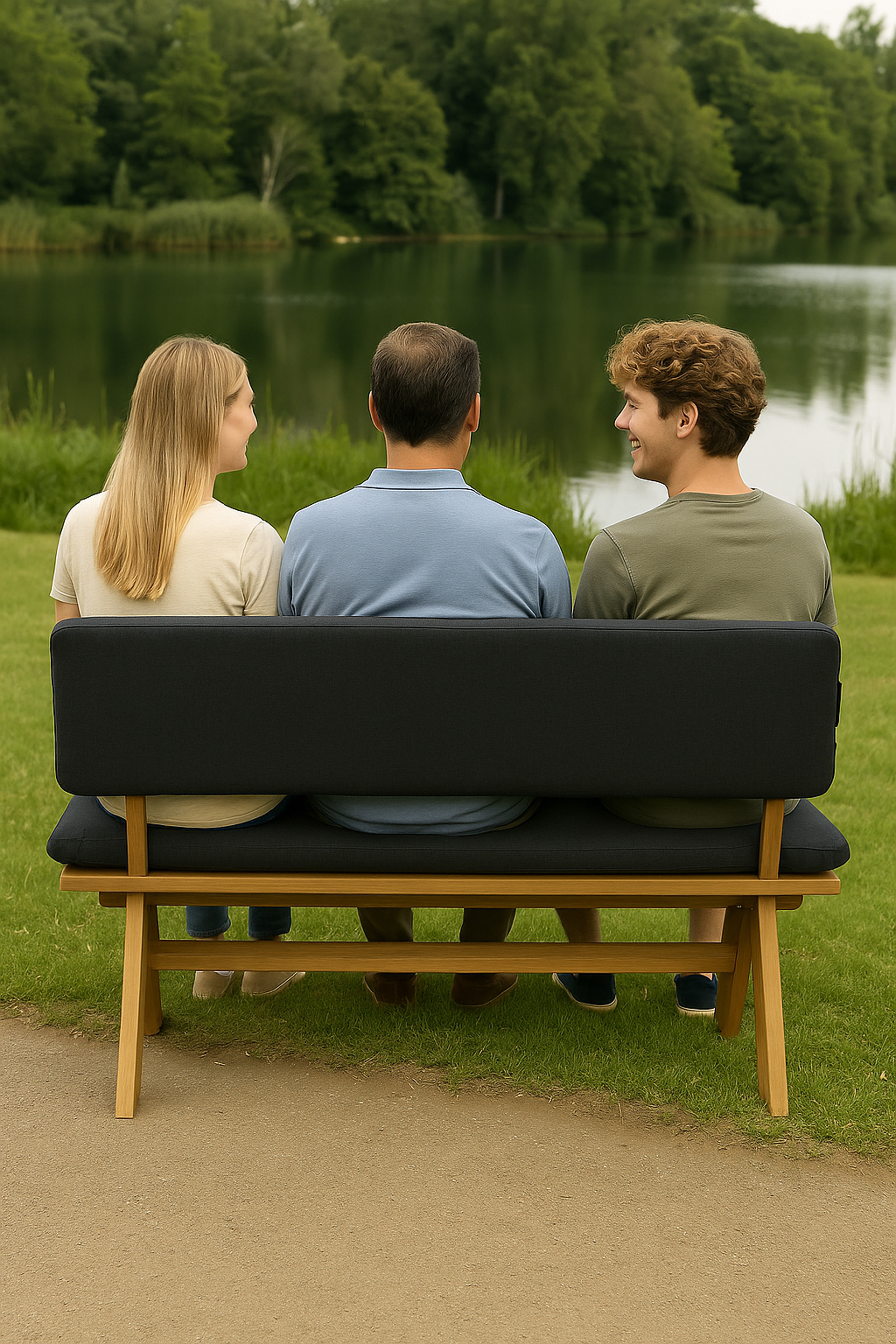Drei Personen sitzen auf einer Bank am See mit Bäumen im Hintergrund.