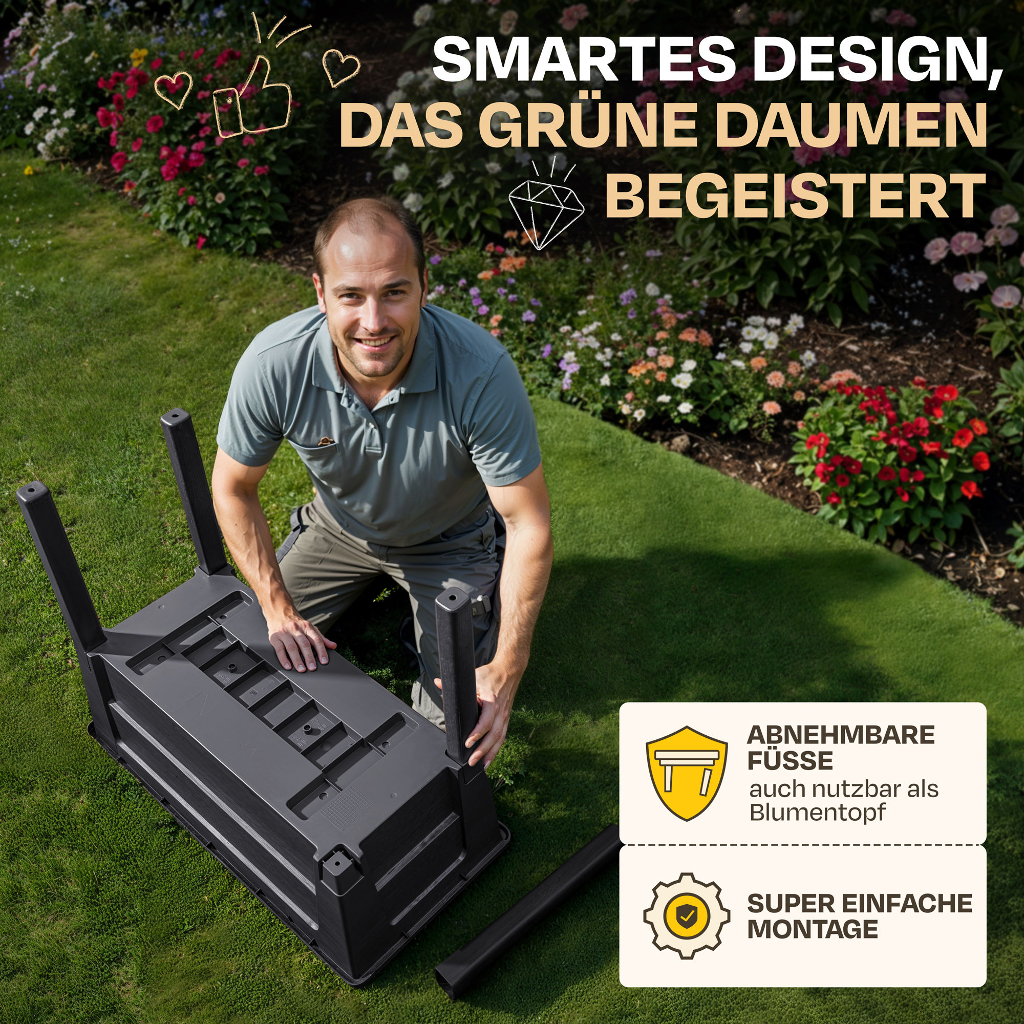Mann montiert schwarze Gartenbank mit abnehmbaren Füßen im Garten.