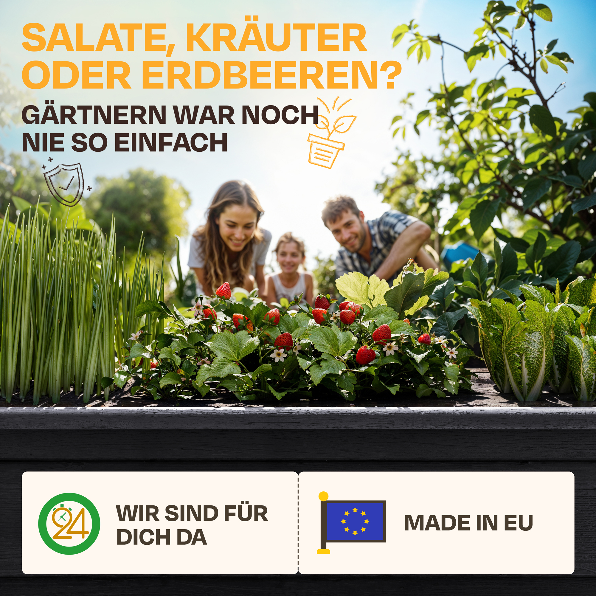 Familie gärtnert mit Erdbeeren und Salat. Text: Gärtnern war noch nie so einfach.