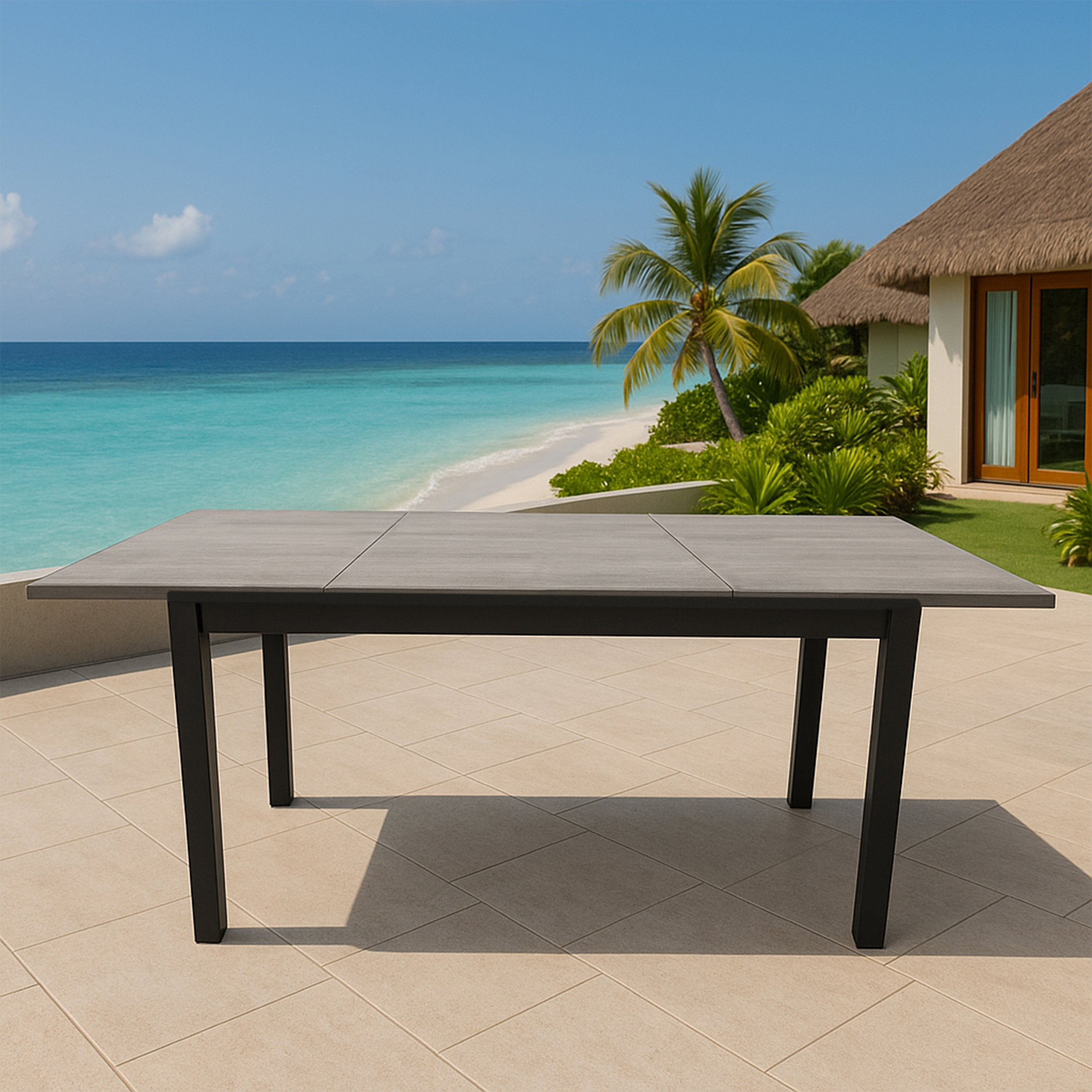 Ein Tisch mit schwarzen Beinen auf einer gefliesten Terrasse mit Blick auf das Meer.