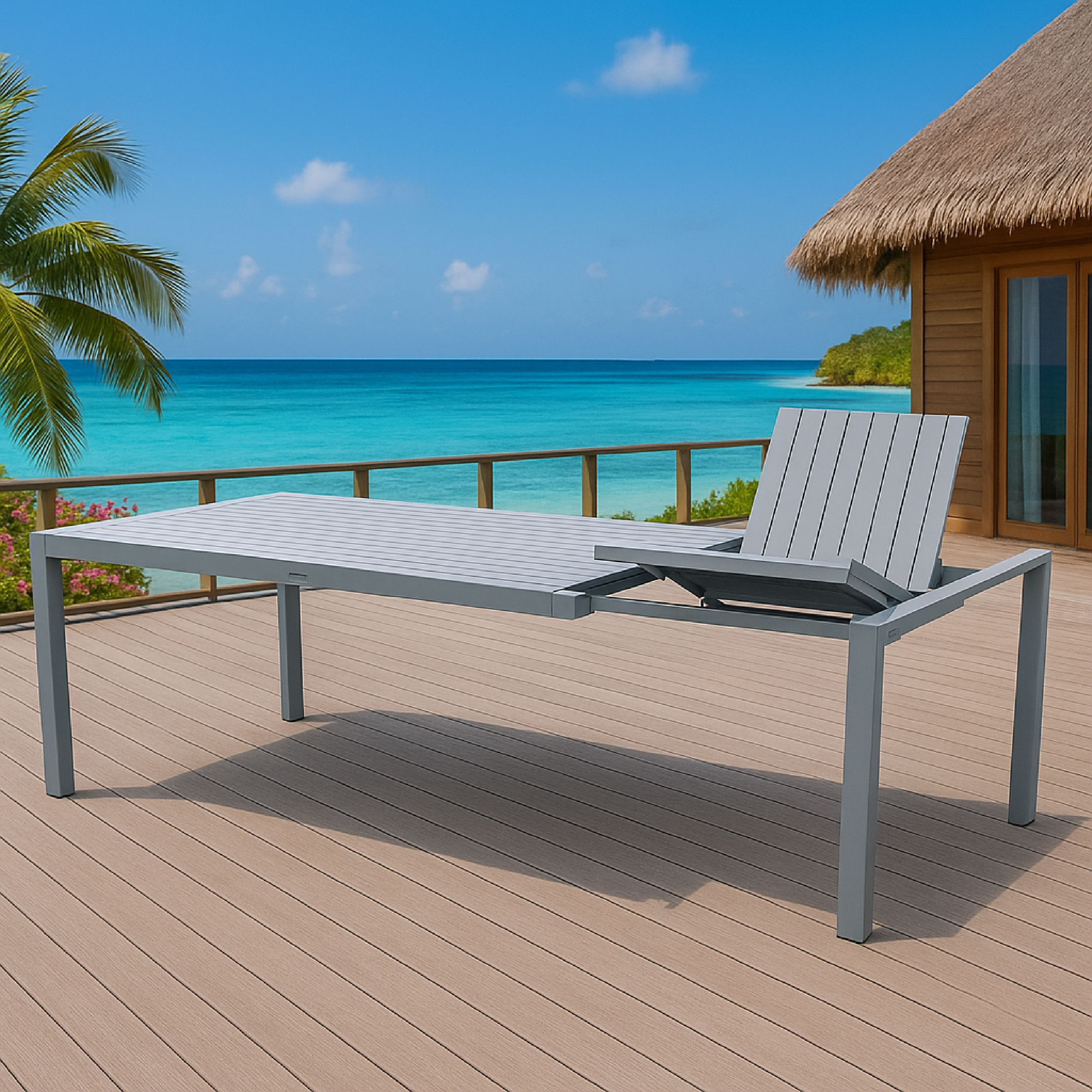 Grauer Tisch und Stuhl auf Holzdeck mit Meerblick und Palmen.