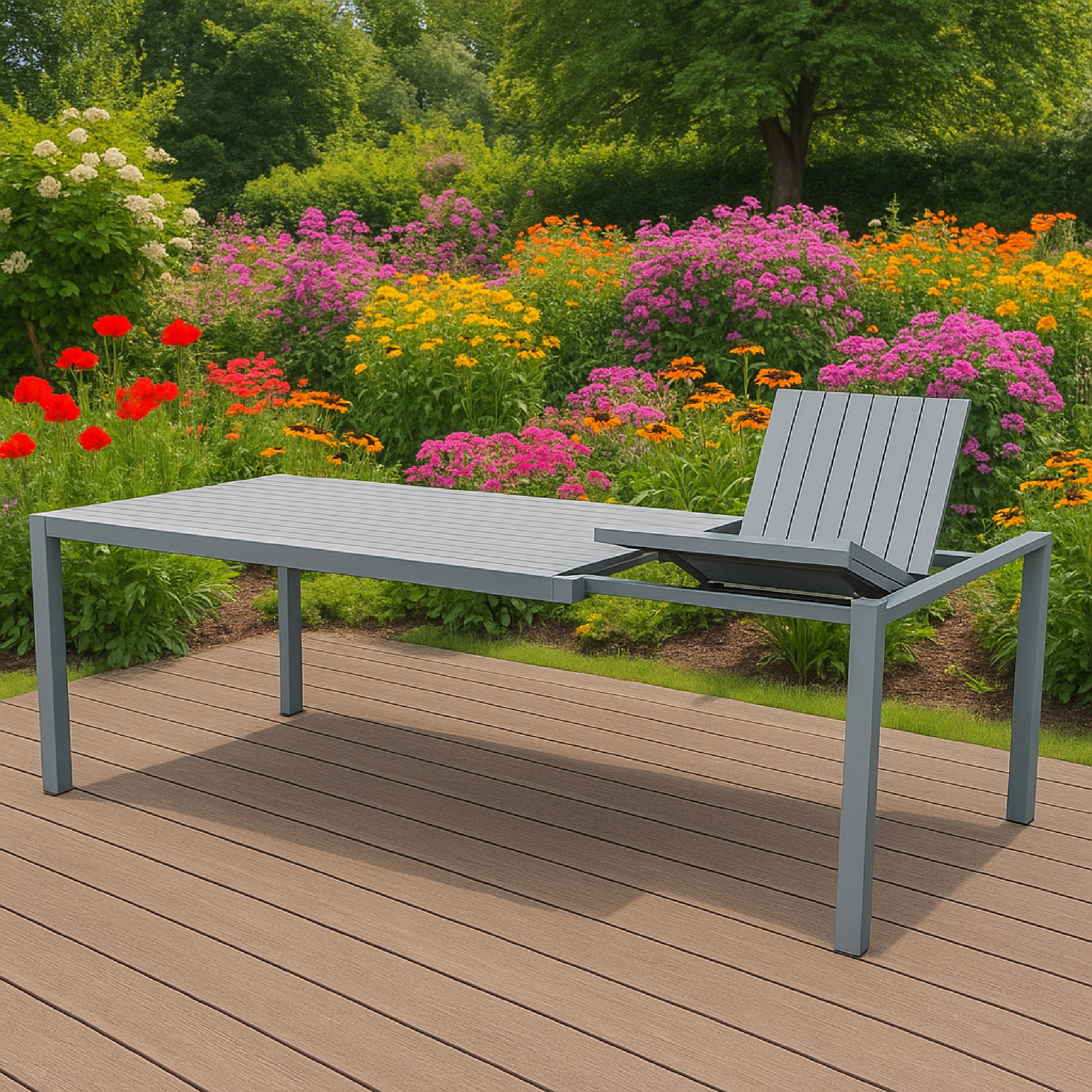 Grauer Tisch mit Stuhl auf Holzdeck vor blühendem Garten mit roten, gelben und rosa Blumen.