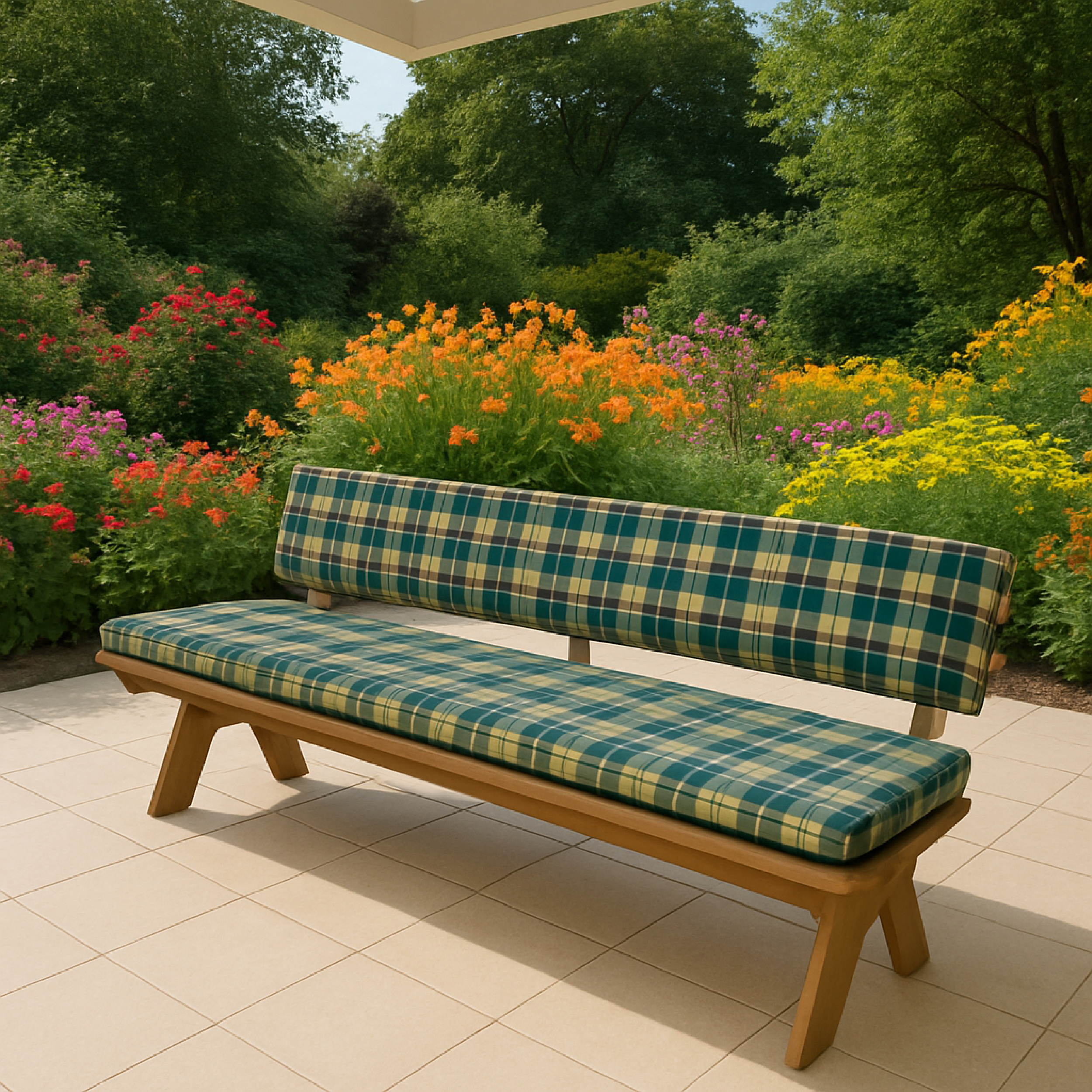 Eine Holzbank mit karierter Polsterung steht auf einer gefliesten Terrasse, umgeben von blühenden Blumen.