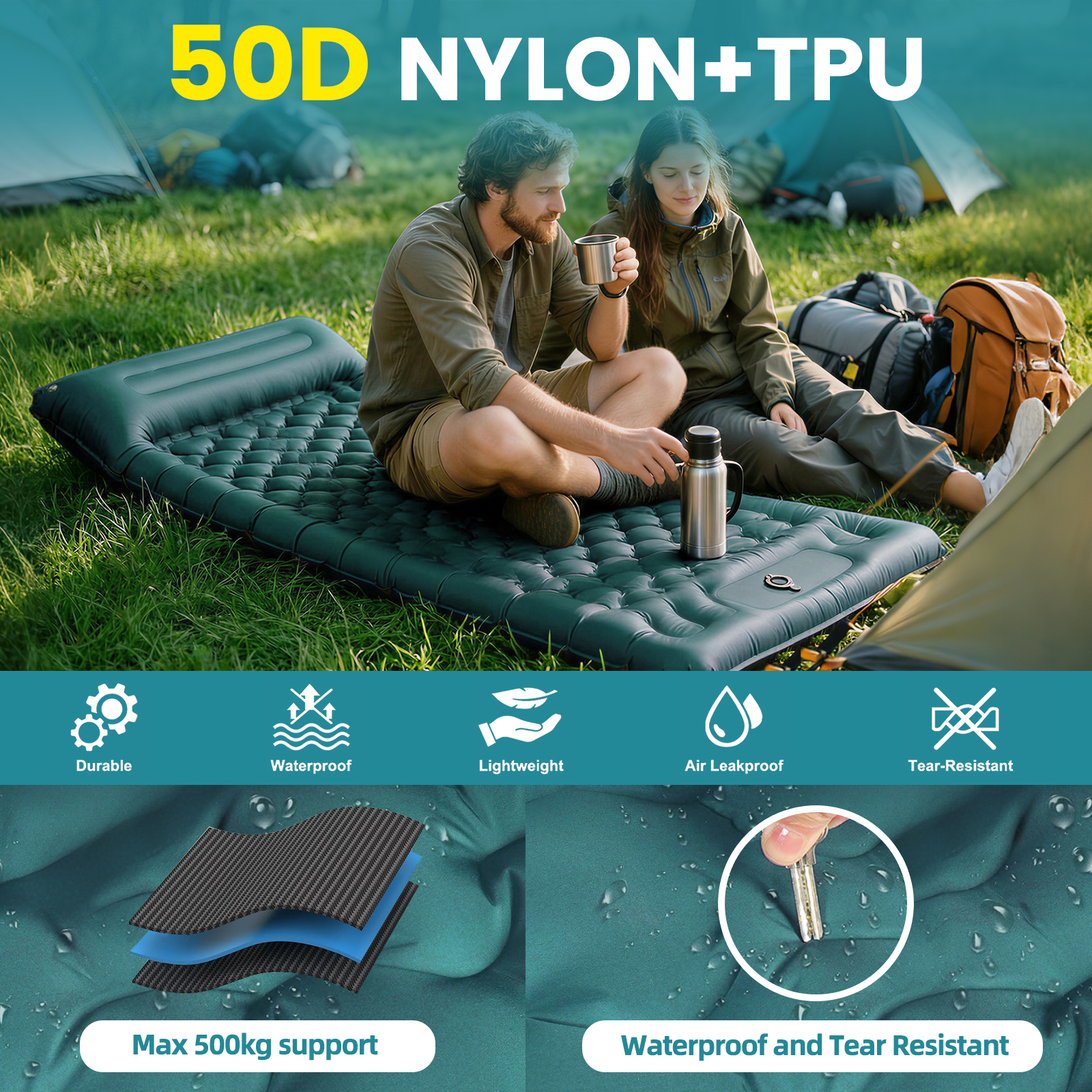 Paar auf einer Isomatte im Freien, 50D Nylon+TPU, max. 500kg Tragfähigkeit.