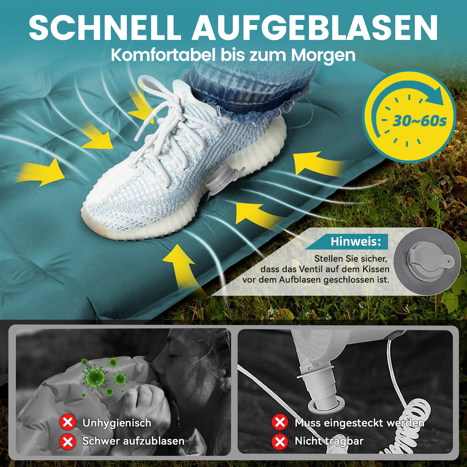 Luftmatratze wird schnell aufgeblasen. Hinweis: Ventil schließen. Nicht unhygienisch.