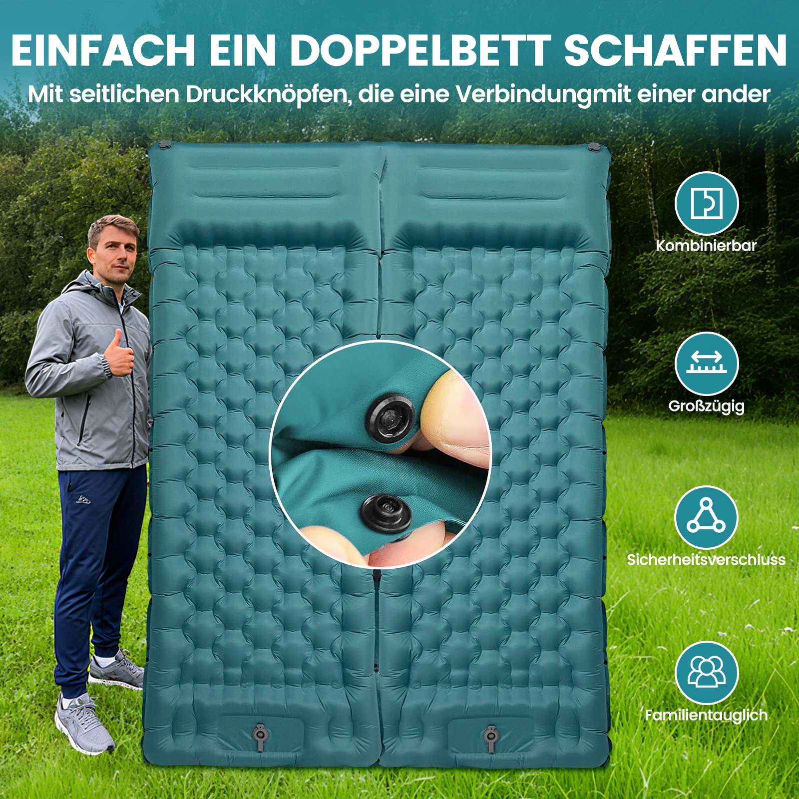Ein Mann steht neben einem aufblasbaren Doppelbett mit Knöpfen. Außenaufnahme.