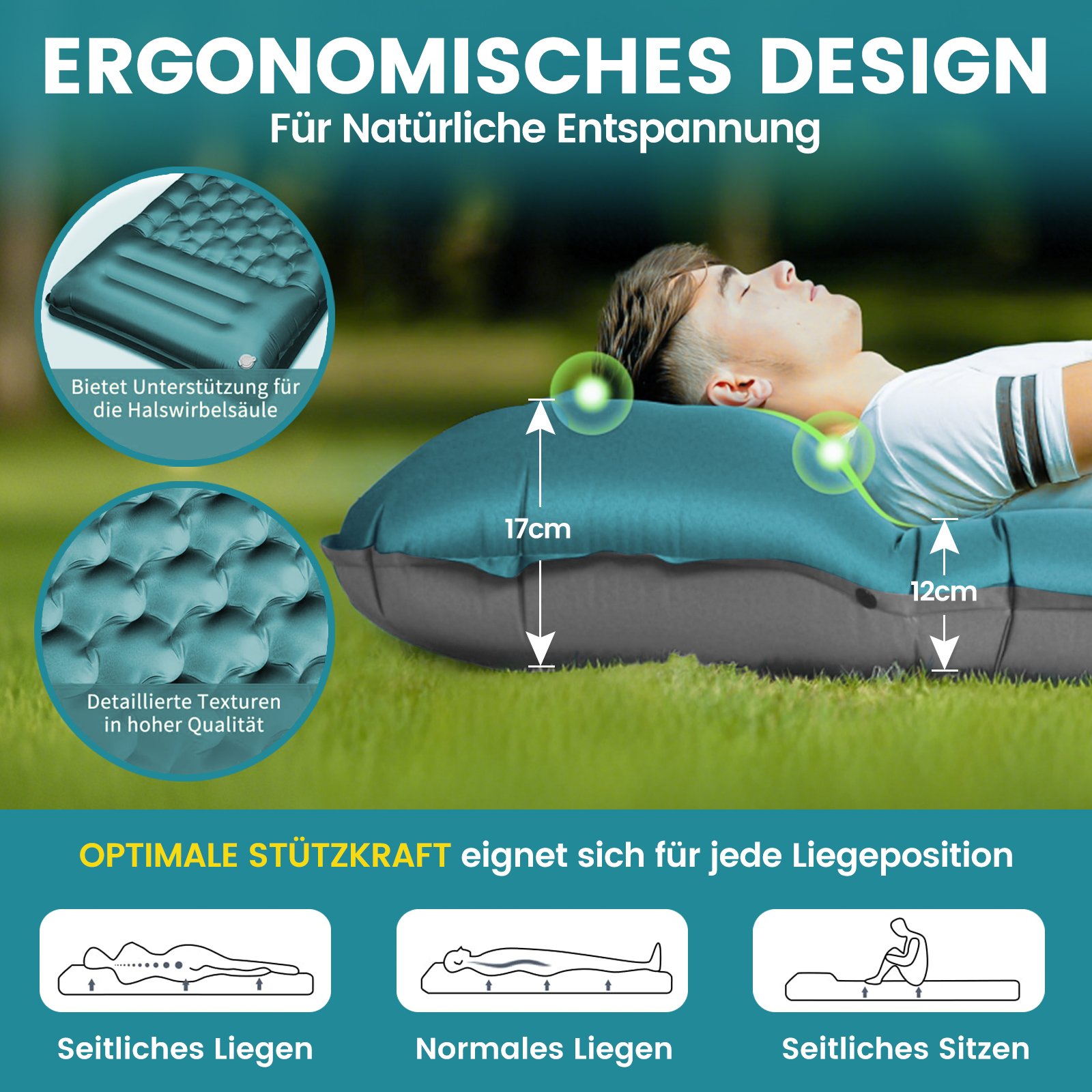Ergonomisches Design mit Luftmatratze, die einen Mann stützt. Maße 17cm und 12cm.