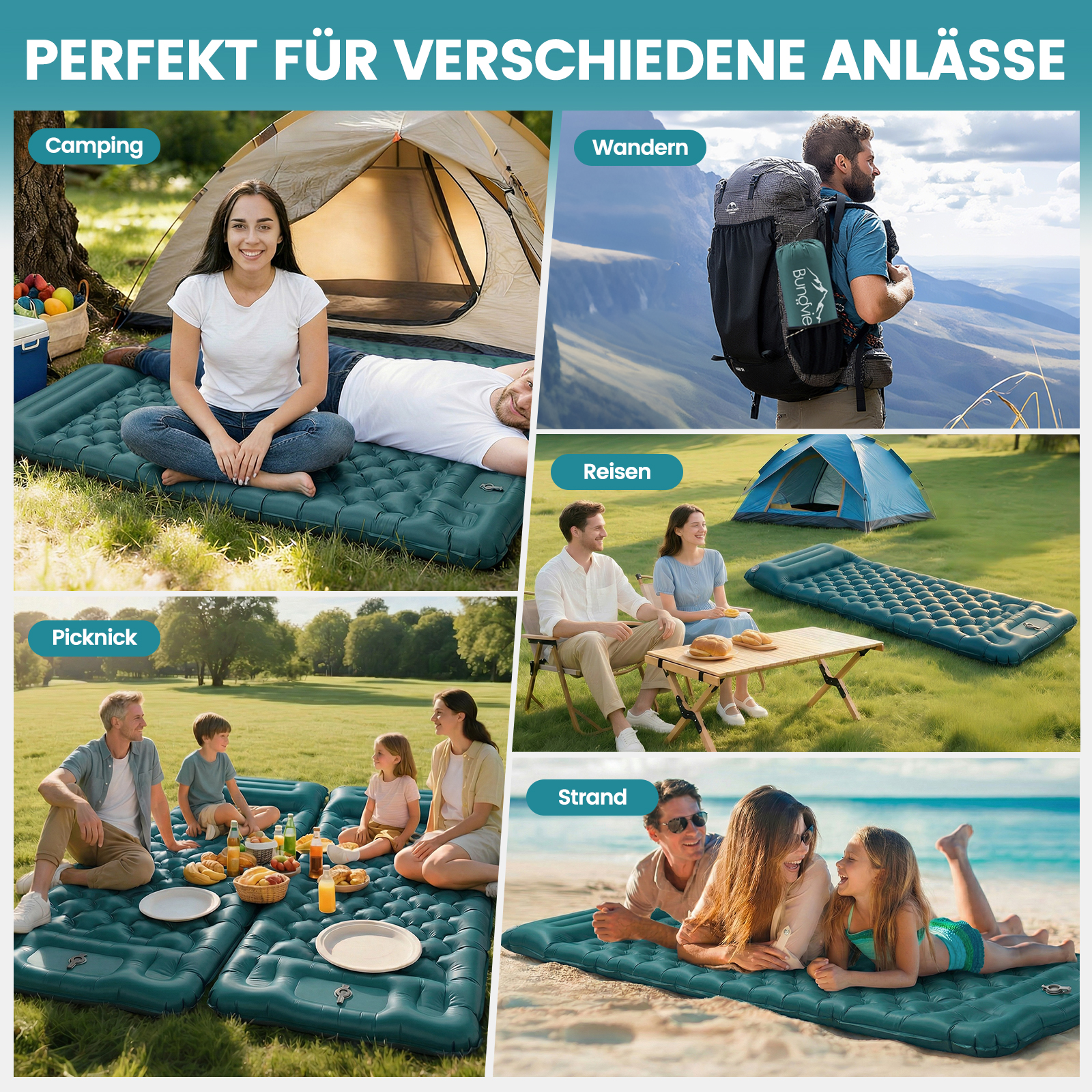 Collage zeigt Outdoor-Aktivitäten: Camping, Wandern, Reisen und Picknick mit aufblasbaren Matten.