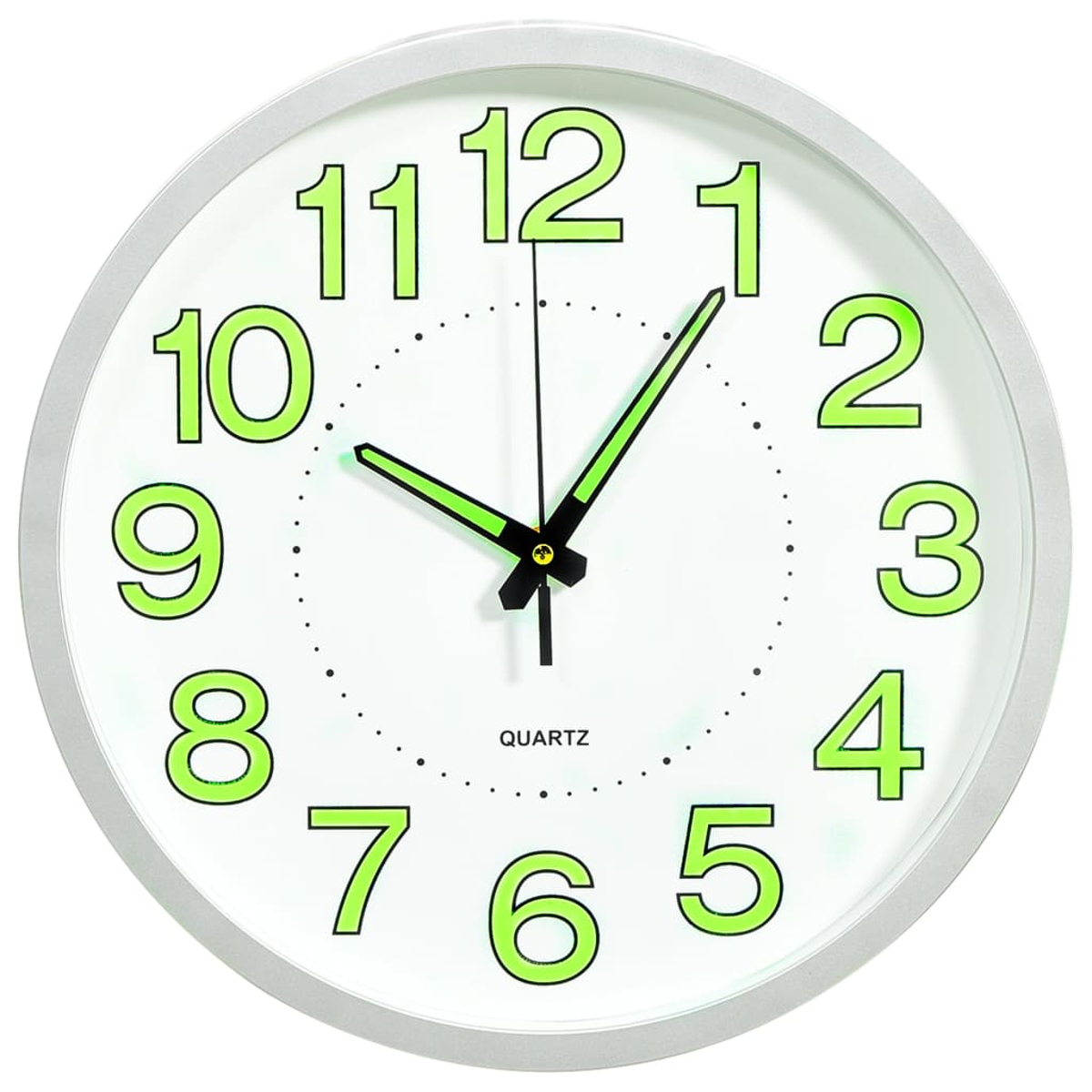 Eine weiße Wanduhr mit leuchtgrünen Zahlen und Zeigern.
