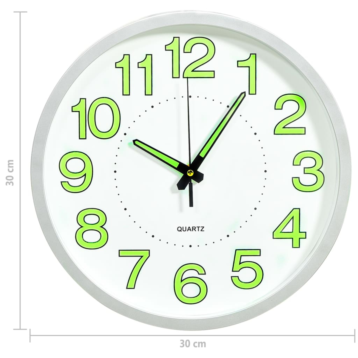 Eine weiße analoge Wanduhr mit grünen Zahlen und Zeigern, zeigt 10:08.