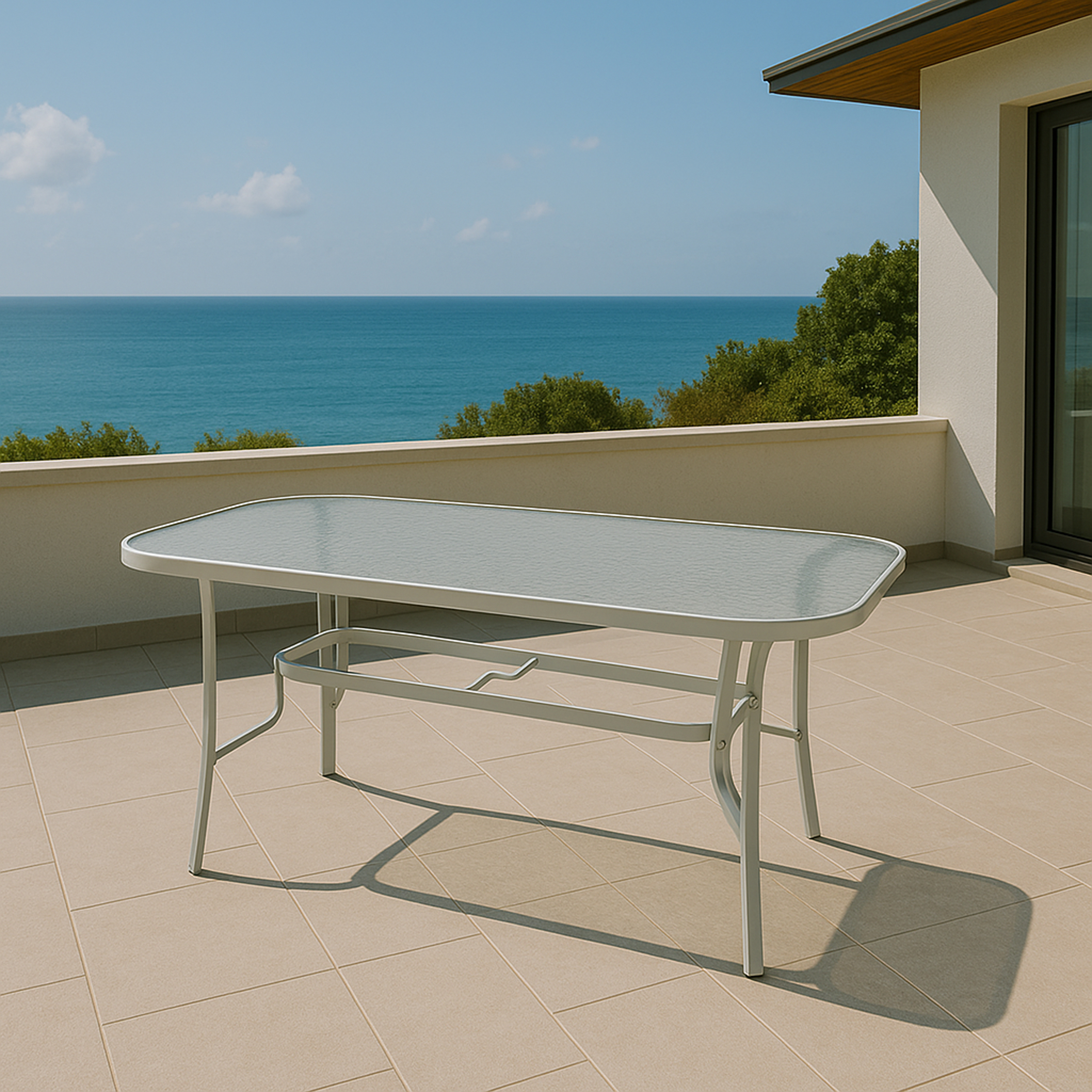 Ein rechteckiger Glastisch mit Metallgestell steht auf einer hellen Terrasse am Meer.