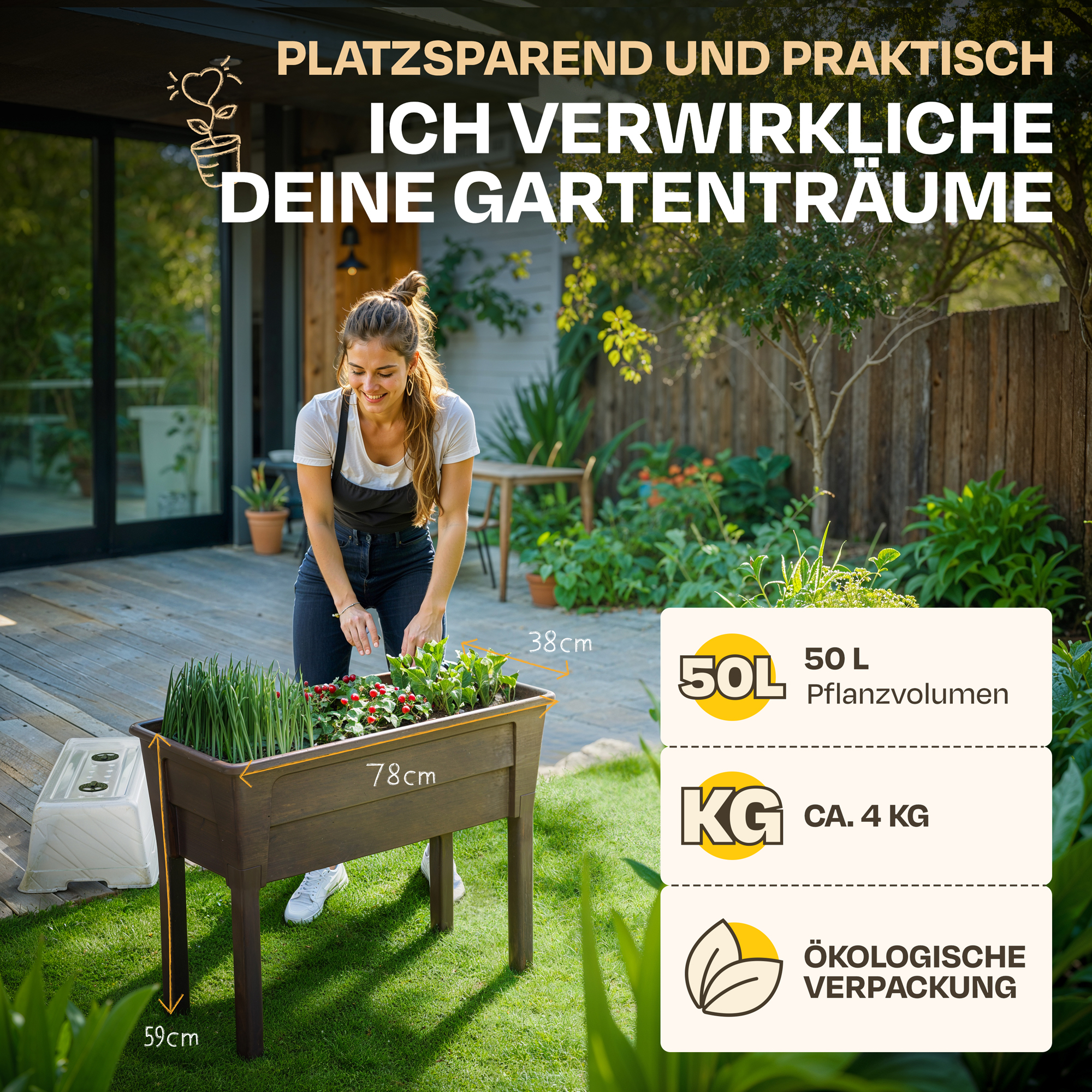 Frau pflanzt in einem Hochbeet. Maße und Volumenangaben sind sichtbar.