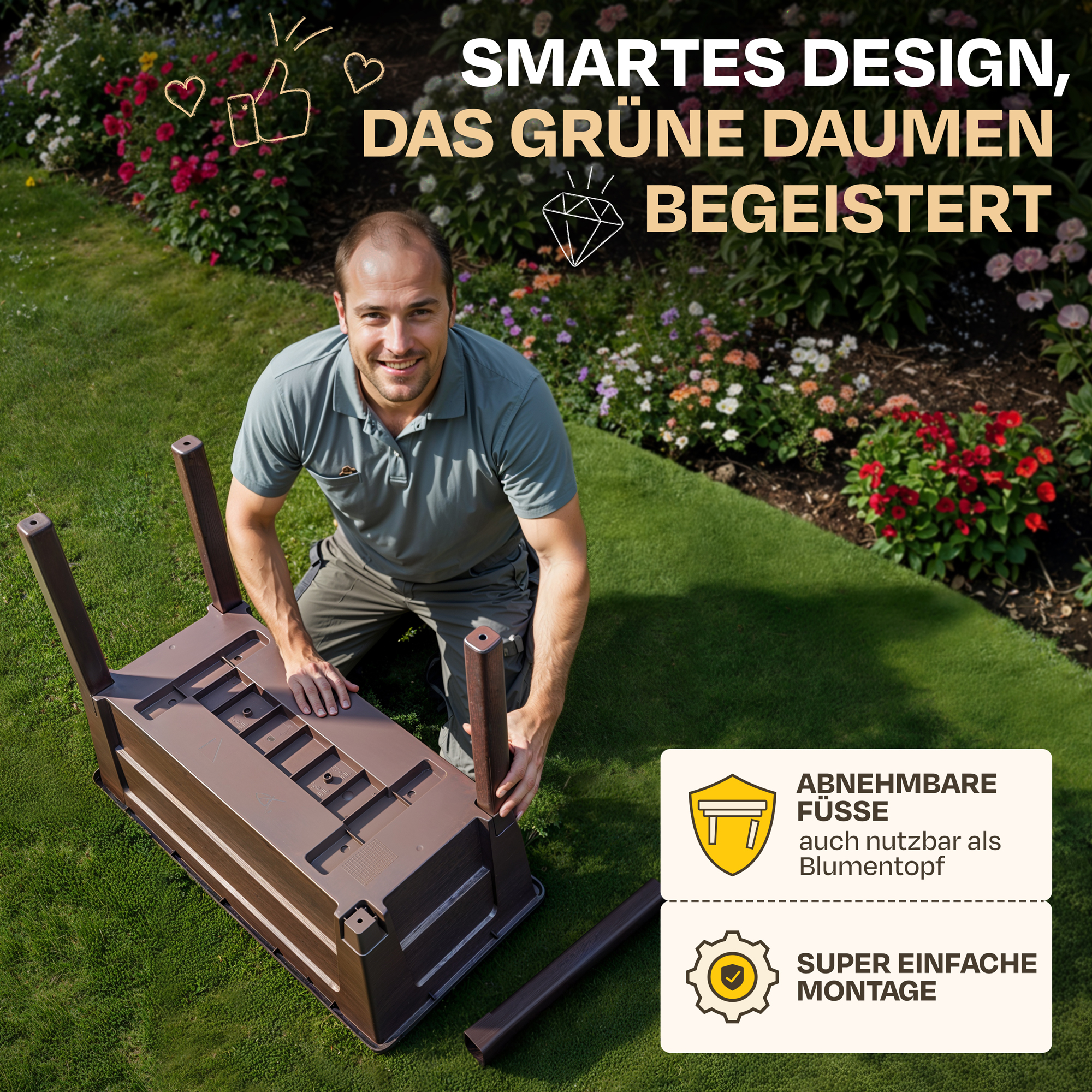 Ein Mann baut einen braunen Pflanztisch im Garten zusammen. Abnehmbare Füße.