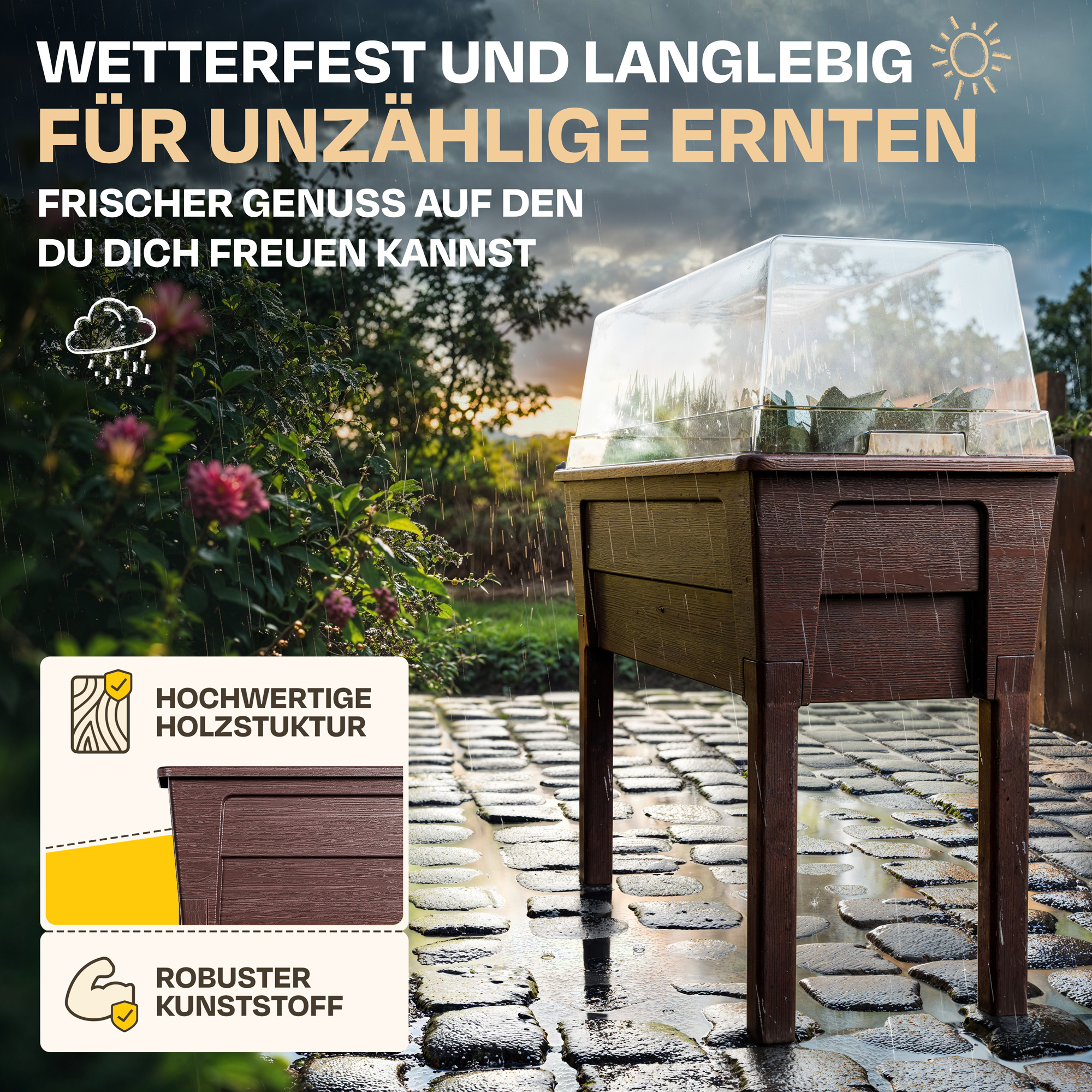 Ein Hochbeet aus Kunststoff mit transparenter Abdeckung steht im Regen auf einem gepflasterten Weg.