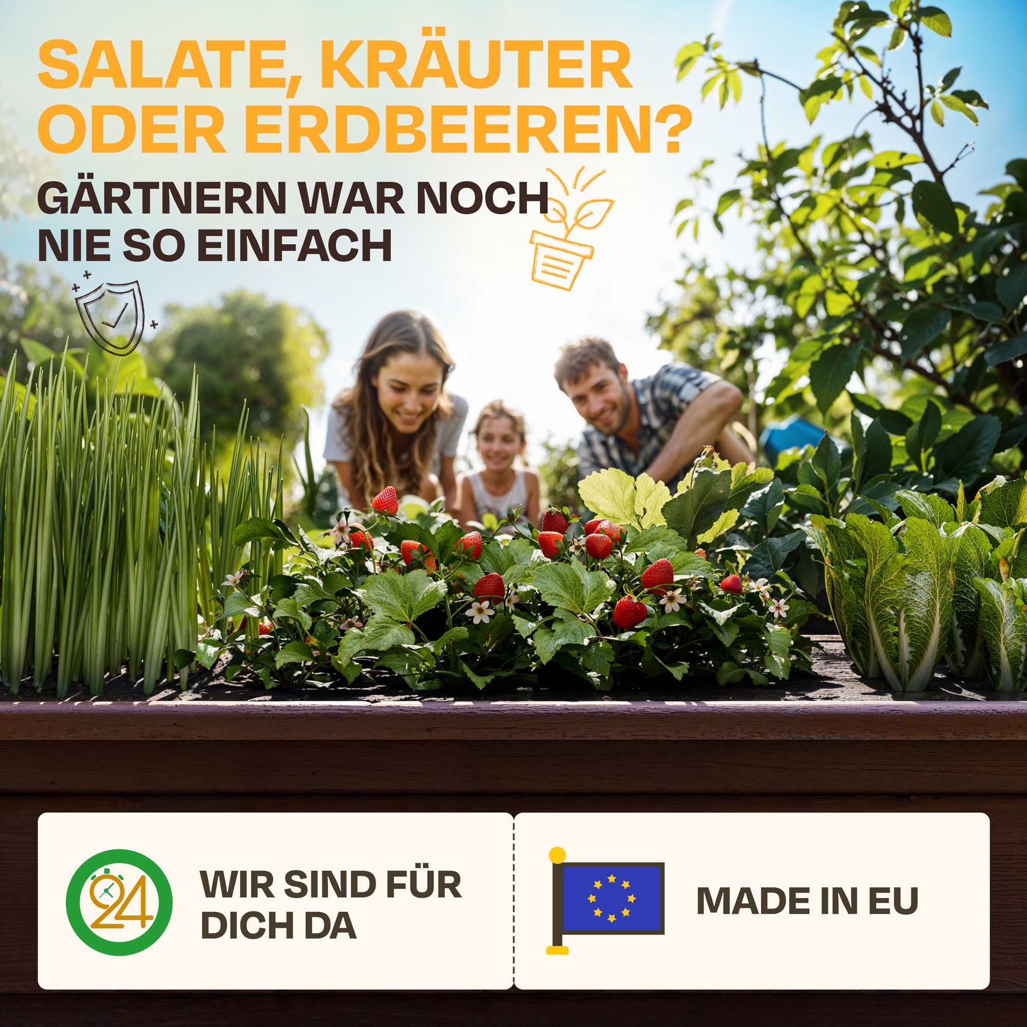 Familie gärtnert mit Erdbeeren, Salat und Kräutern. "Gärtnern war noch nie so einfach."