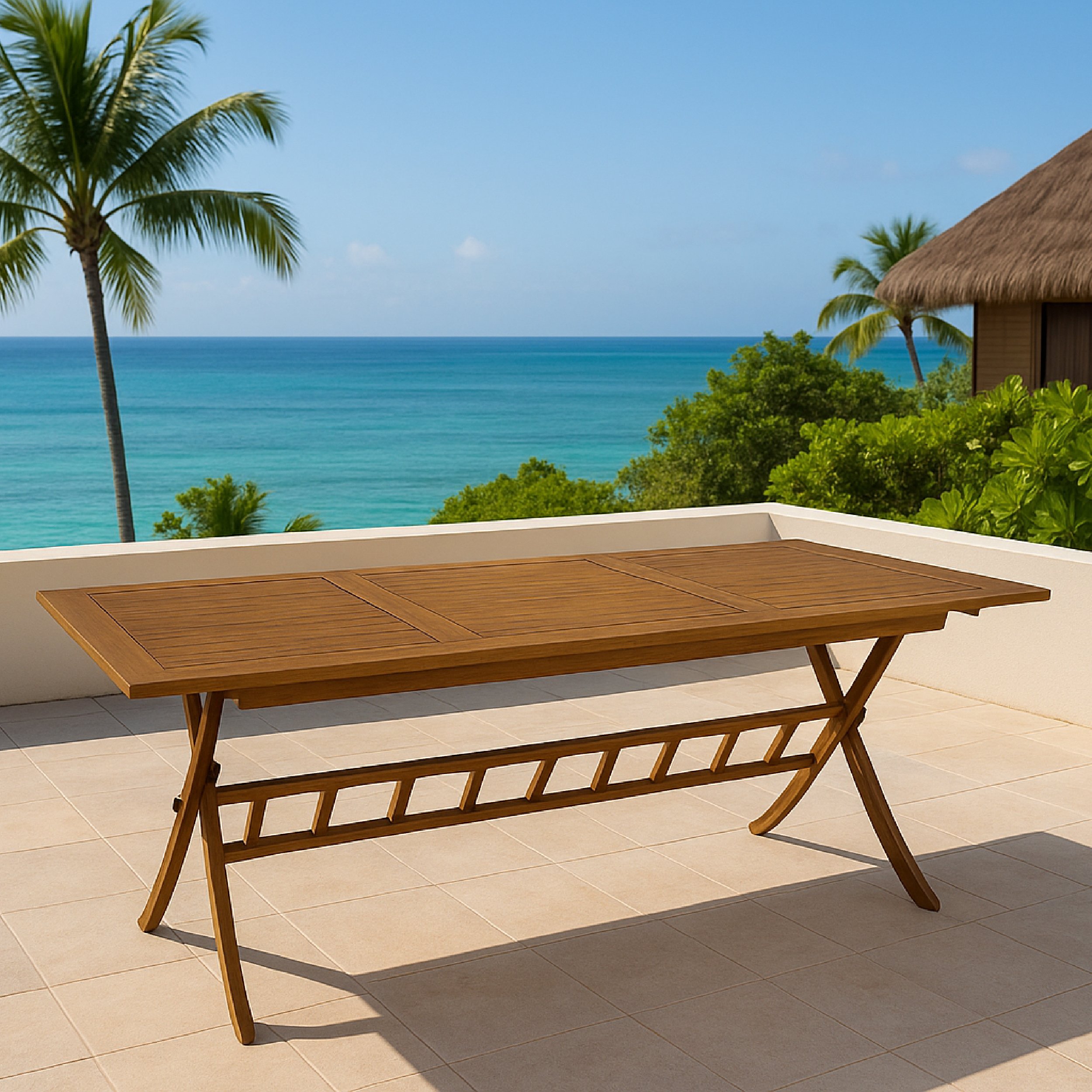 Ein Holztisch steht auf einer gefliesten Terrasse mit Blick auf das Meer und Palmen.