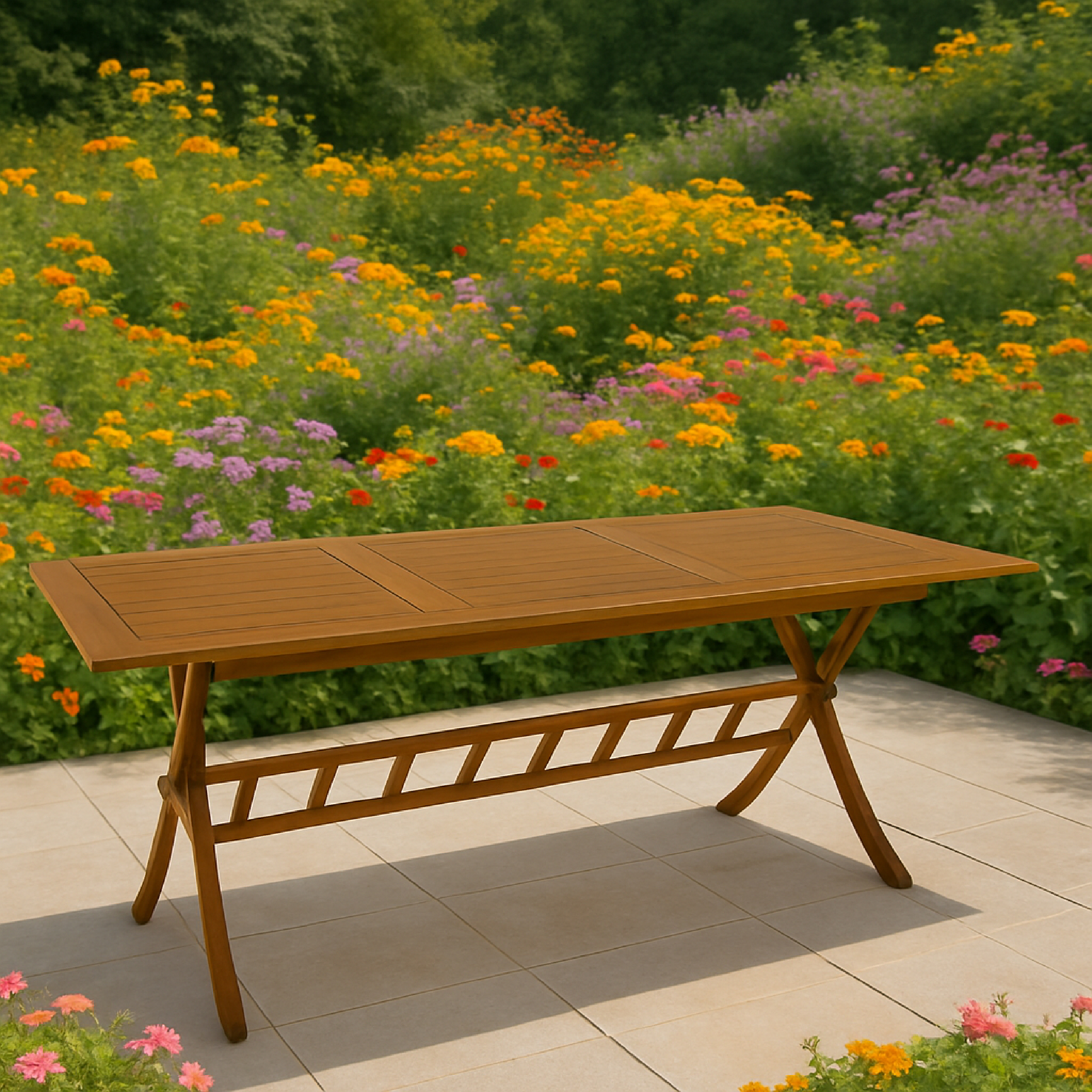 Ein Holztisch steht auf einer gefliesten Terrasse vor einem Feld mit bunten Blumen.