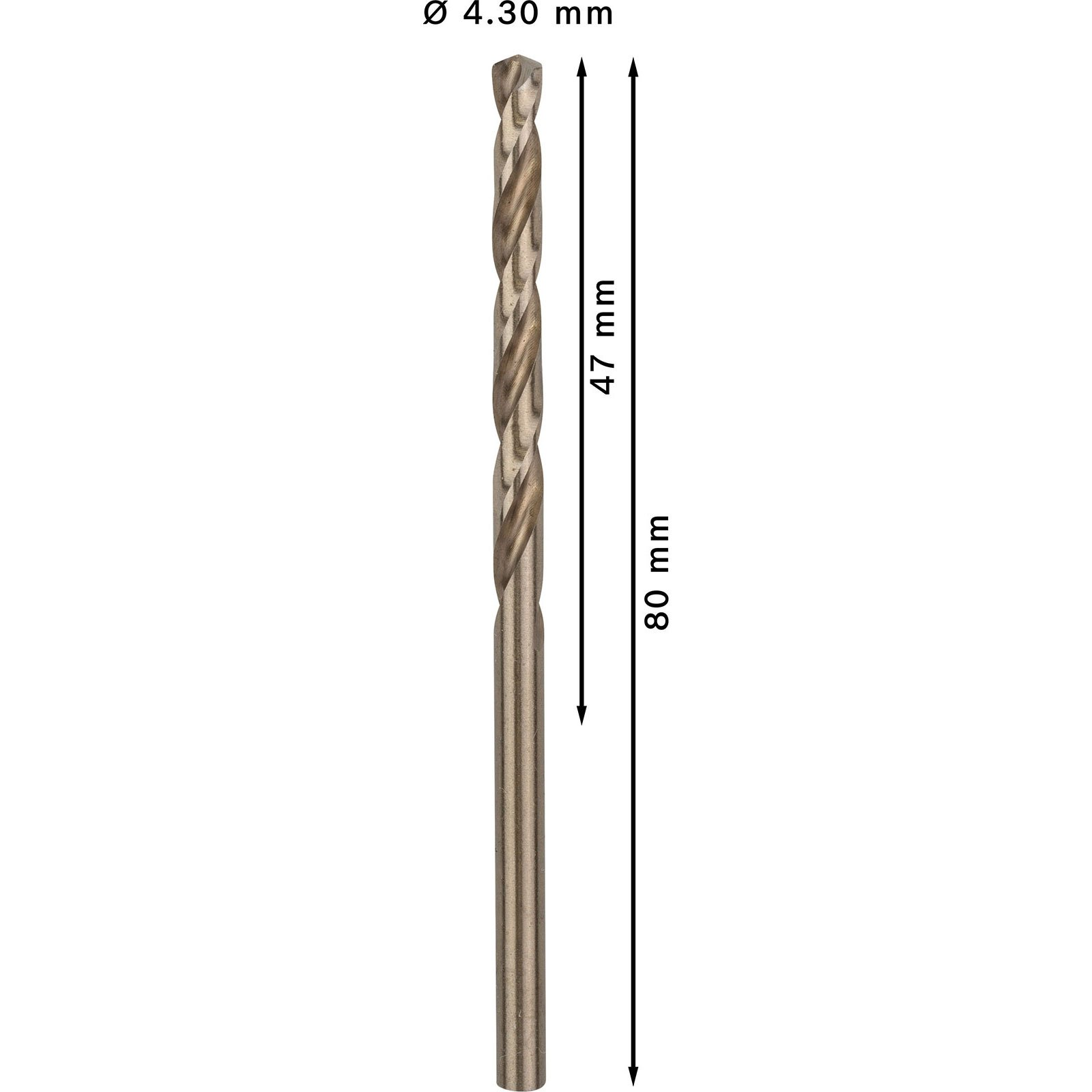 Metallbohrer mit einer Länge von 80 mm und einem Durchmesser von 4,30 mm.