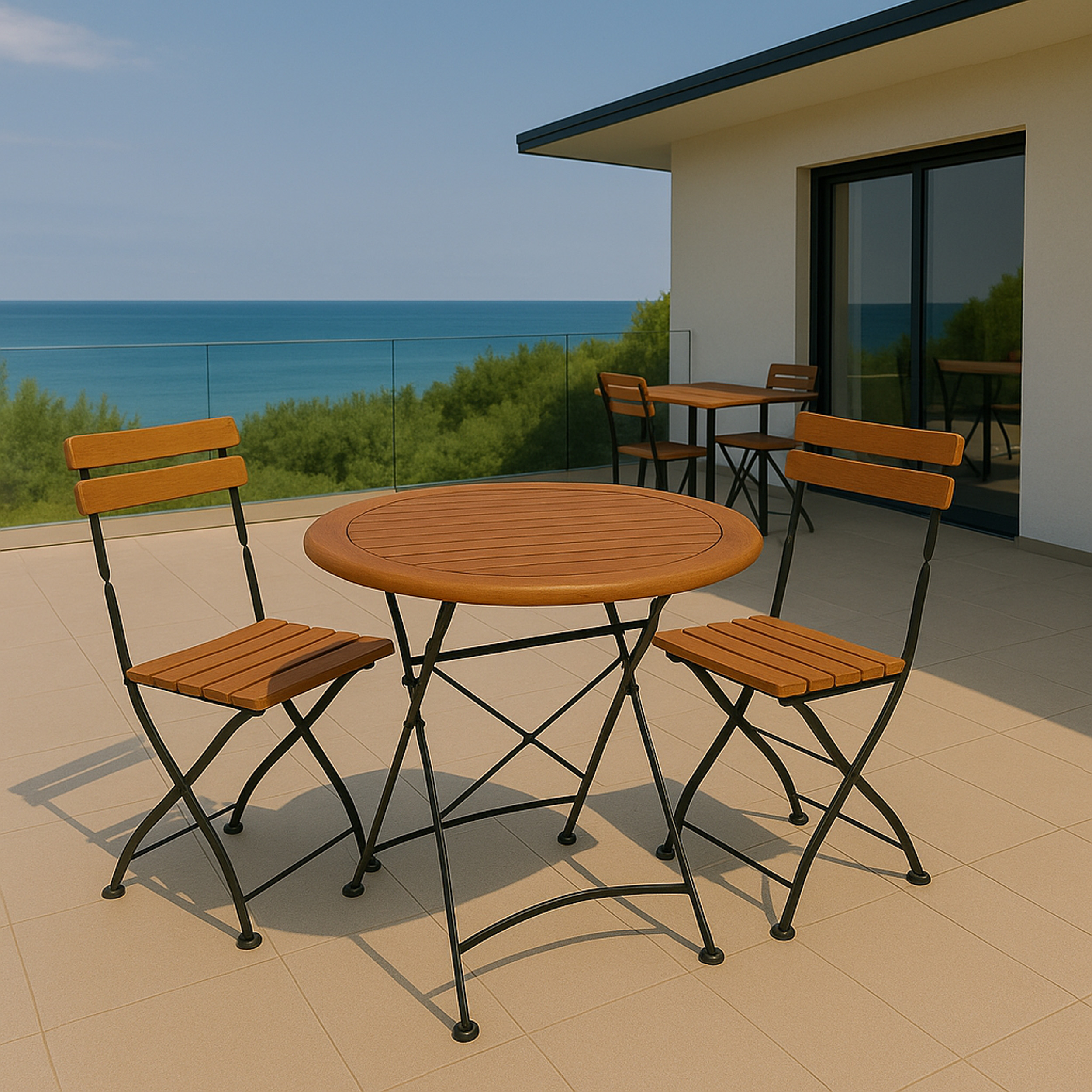 Ein runder Holztisch mit zwei Stühlen auf einer Terrasse mit Meerblick.
