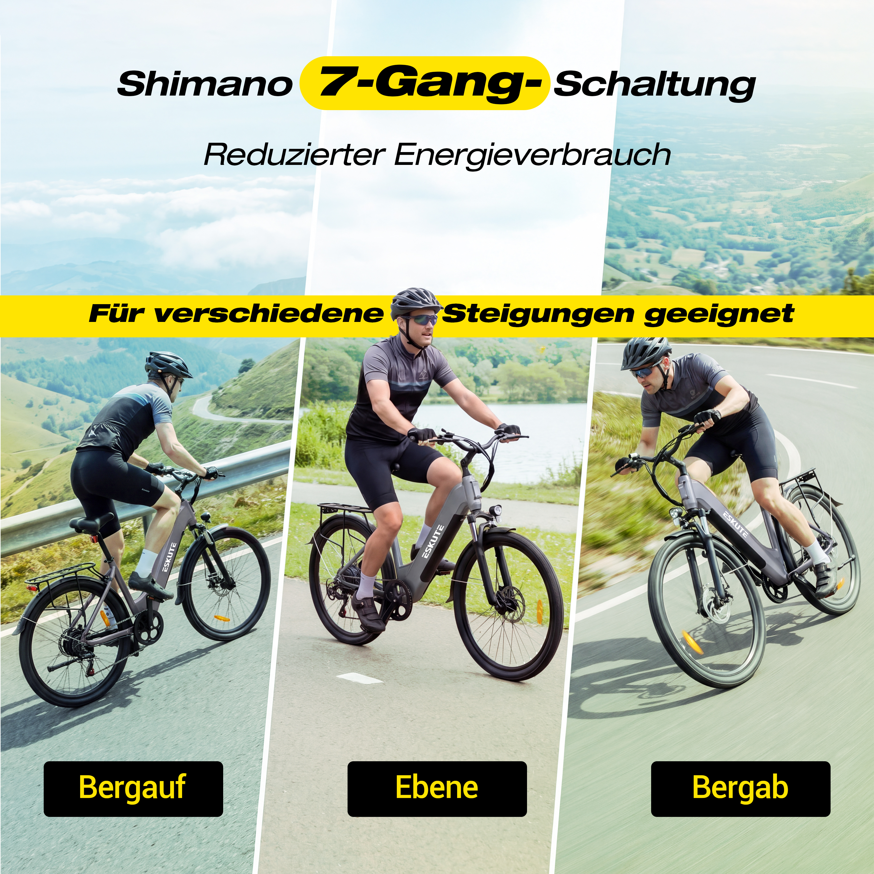 Trzech mężczyzn na e-rowerach: pod górę, płasko i z góry. Przerzutka Shimano 7.