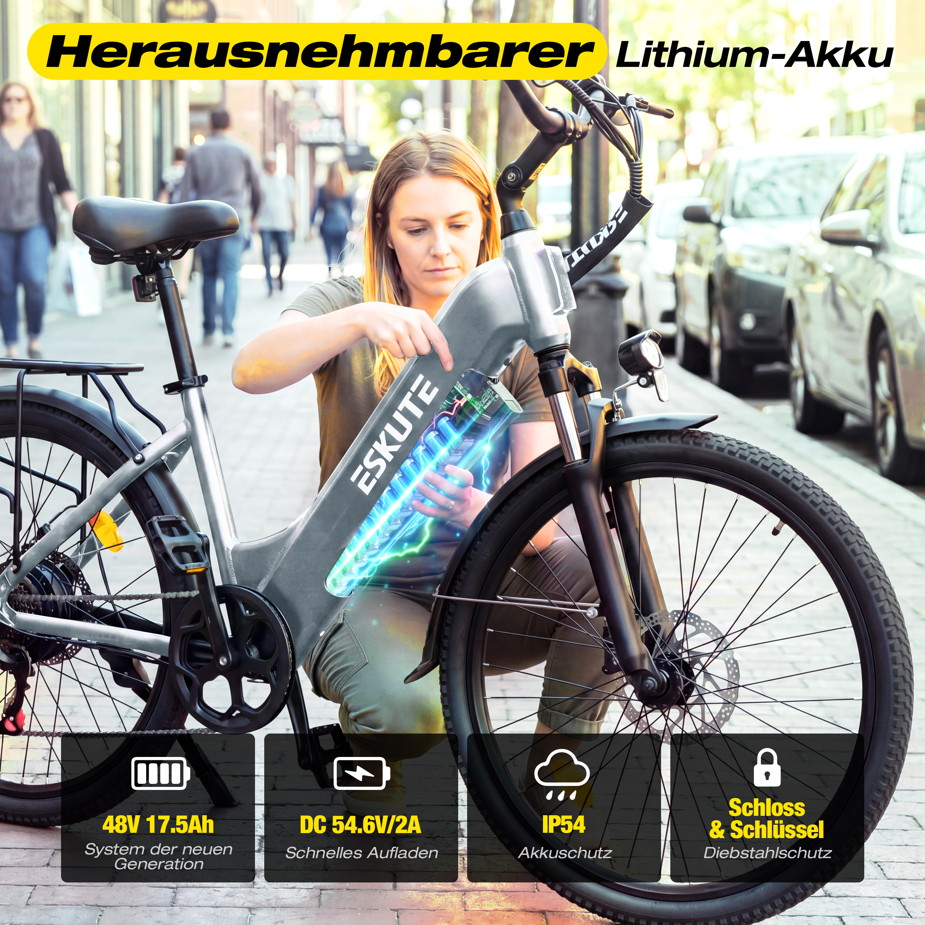 Kobieta wyjmuje baterię litową z roweru elektrycznego 48V, IP54, blokada.