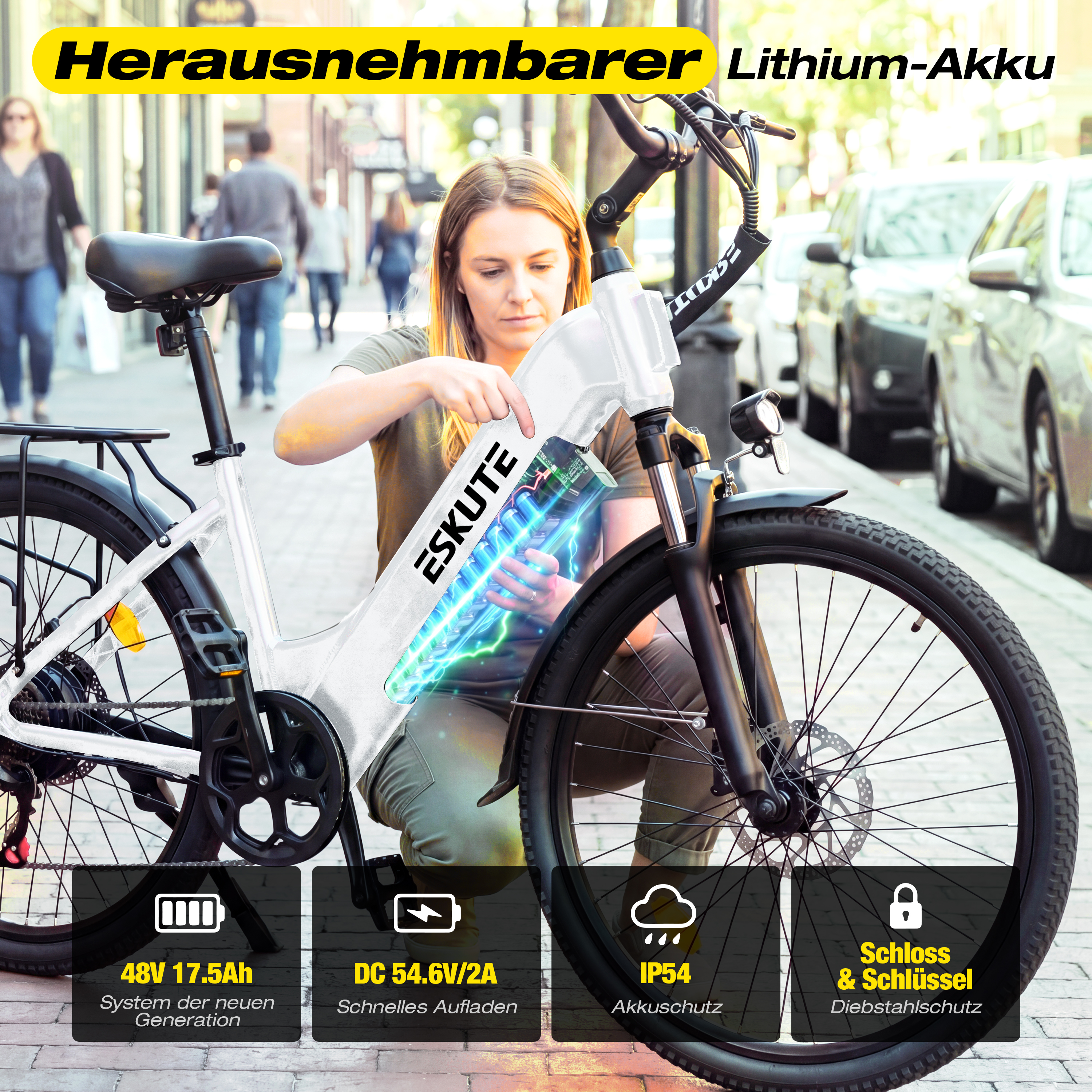 Kobieta wyjmuje baterię litową z białego roweru elektrycznego. Wyświetlone dane techniczne.