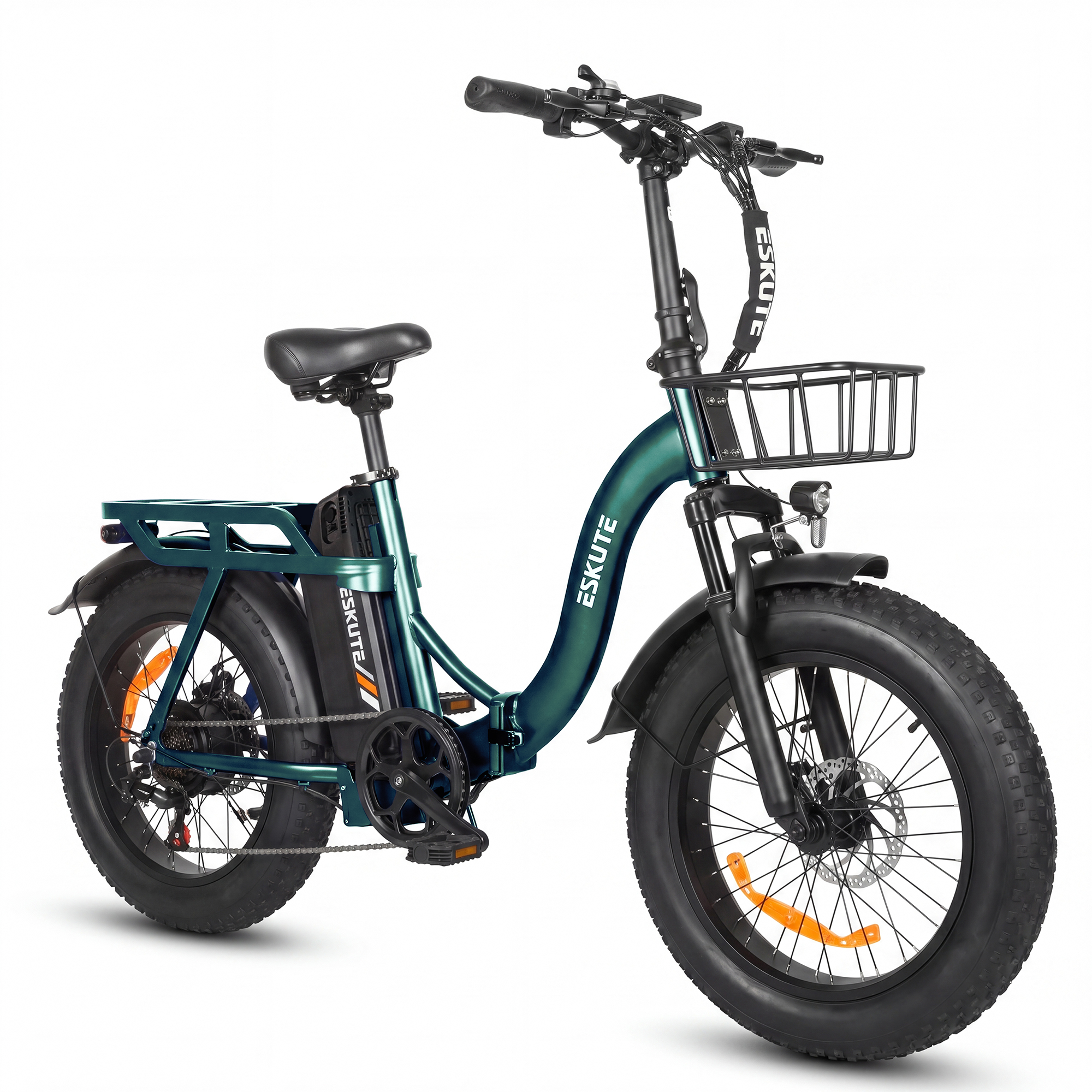 Ciemnozielony rower elektryczny fatbike z bagażnikiem przód/tył.