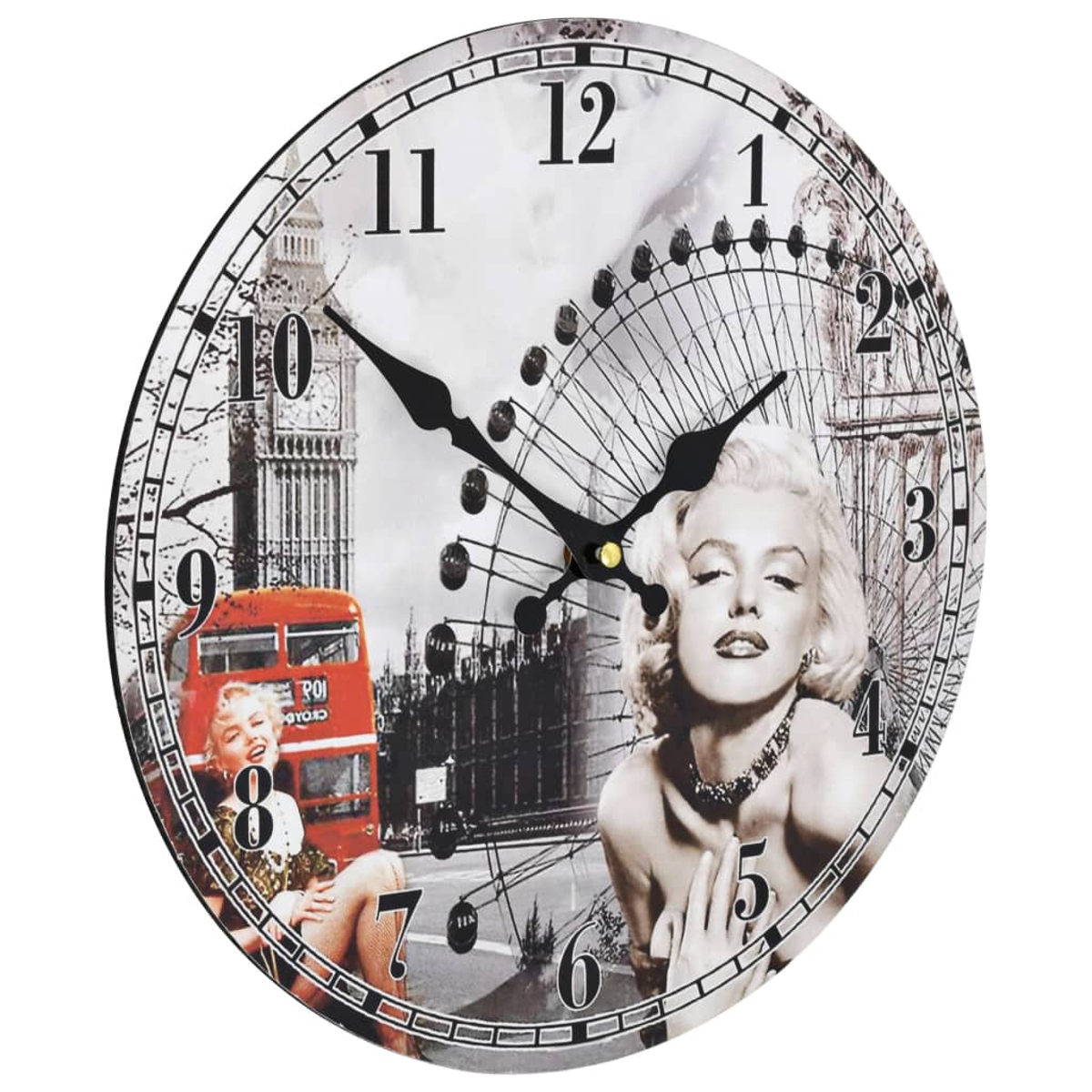 Eine Uhr mit London-Motiv: Marilyn Monroe, Big Ben, rote Doppeldeckerbusse, Riesenrad.