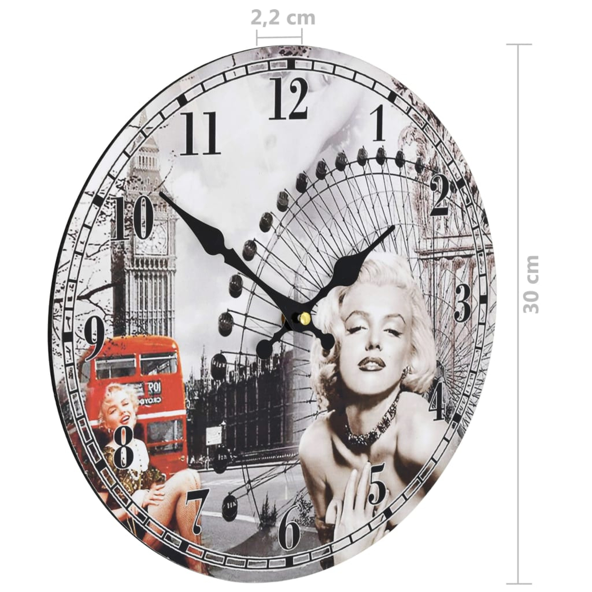 Uhr mit Marilyn Monroe, Big Ben, rotem Doppeldeckerbus und London Eye.