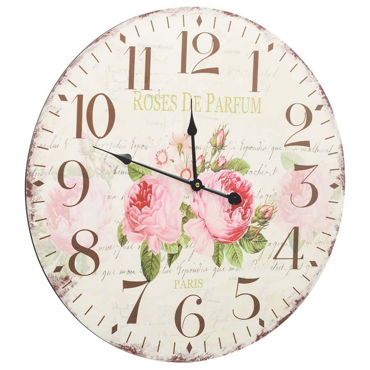 Eine runde Wanduhr mit floralem Design, rosa Rosen und dem Text "ROSES DE PARFUM PARIS."