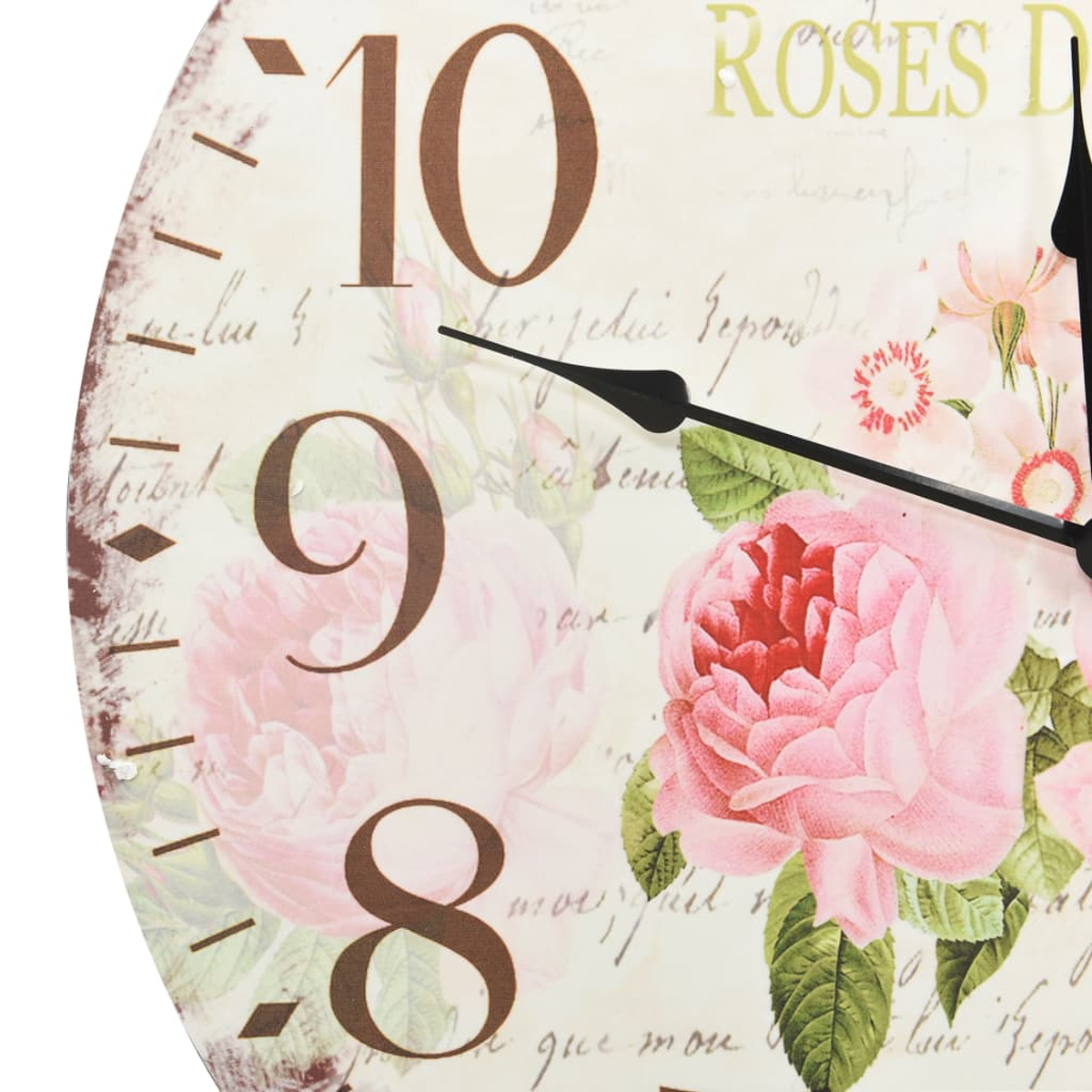 Eine Uhr mit rosa Rosen und römischen Ziffern 8, 9 und 10.