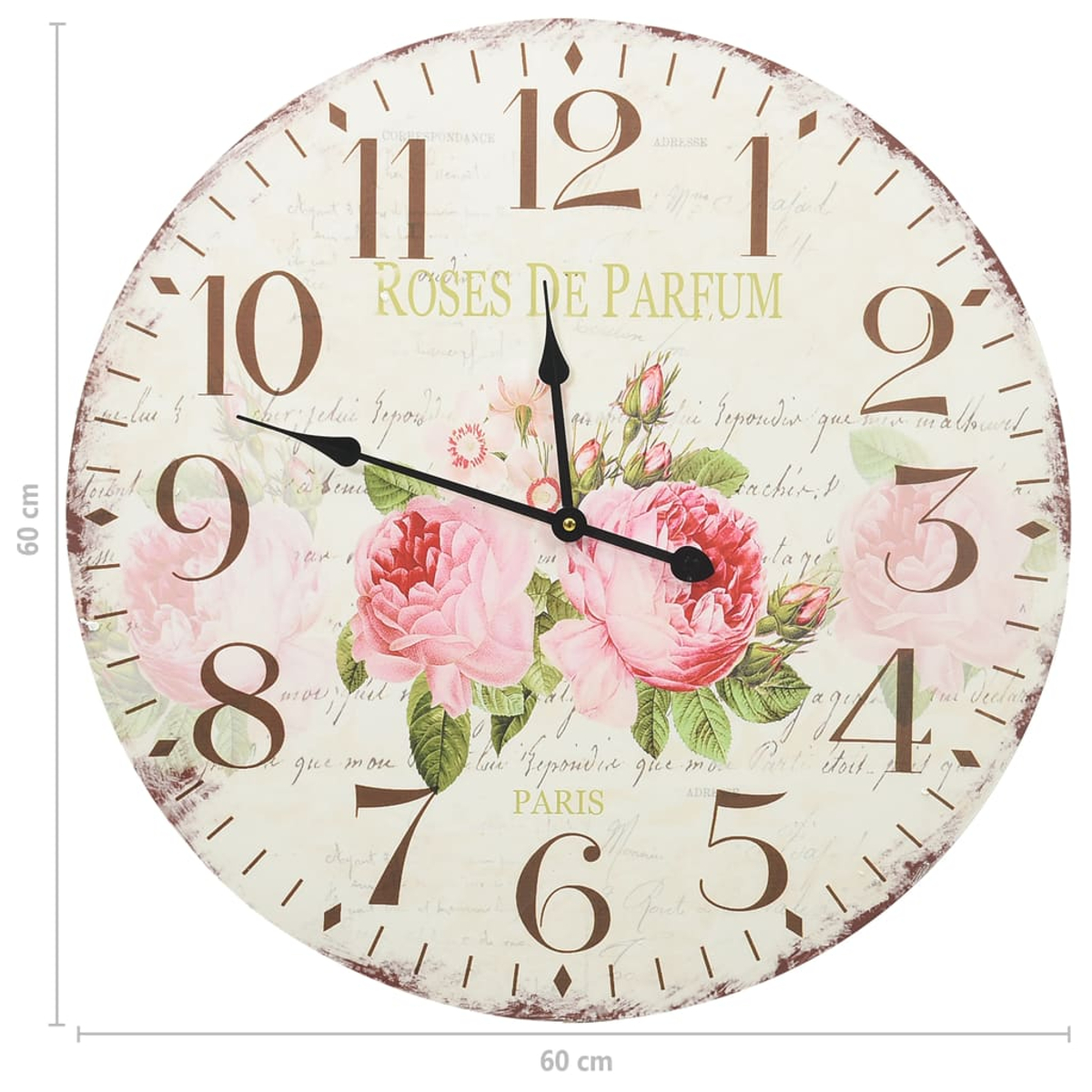 Eine runde Wanduhr mit Rosenmotiv und römischen Ziffern.